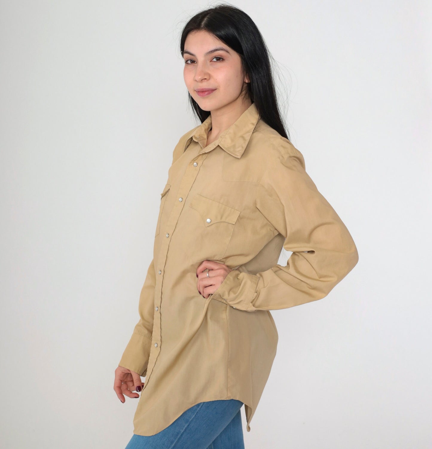 80s Miller Western Pearl Snap Shirt Tan Long Sleeve Button Up Mens Medium