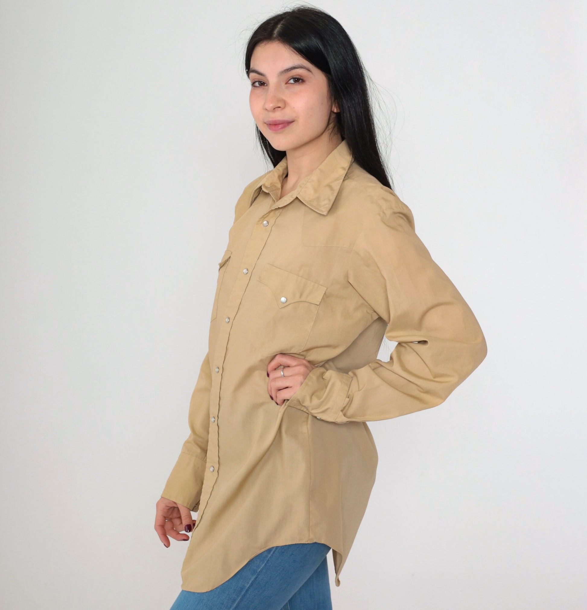 80s Miller Western Pearl Snap Shirt Tan Long Sleeve Button Up Mens Medium