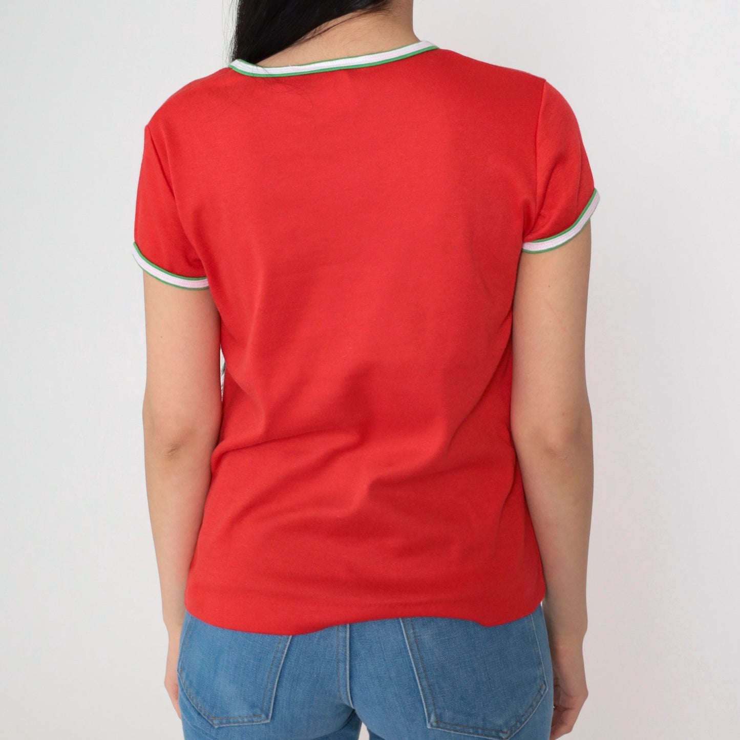 80s Red Ringer Tee Scoop Neck T-Shirt Green White Trim Medium