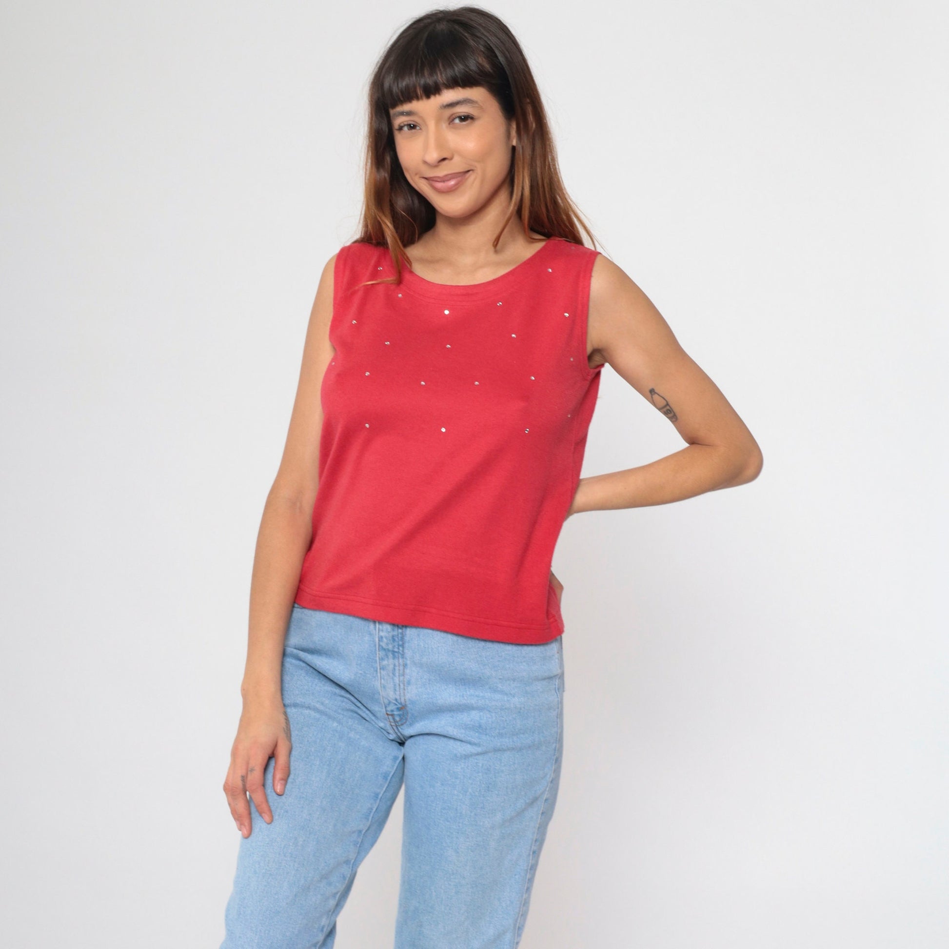 90s Red Rhinestone Tank Top Round Neck Embellished Sleeveless Small Petite