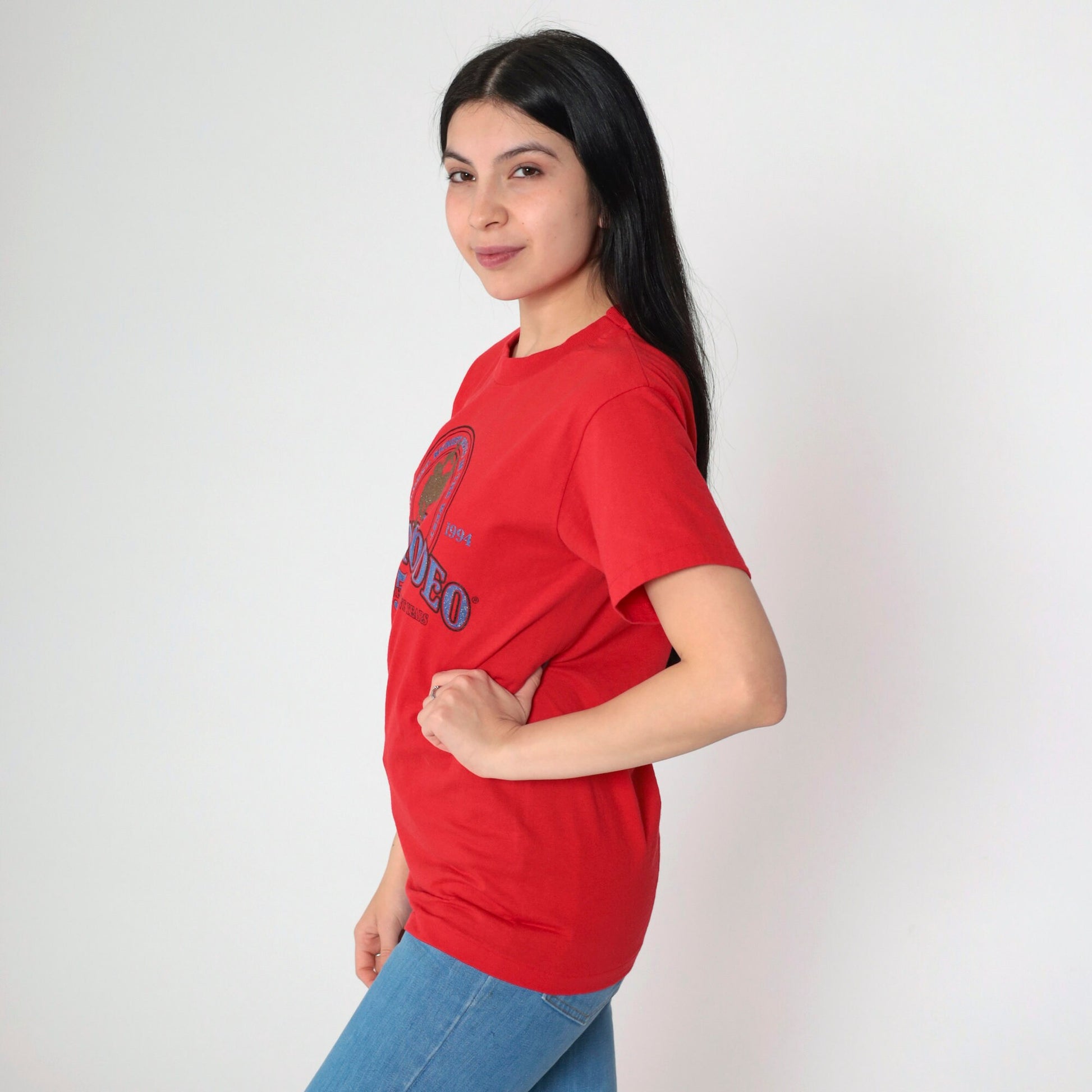 1994 Reno Rodeo Glitter Graphic T-Shirt Red Single Stitch Western Small