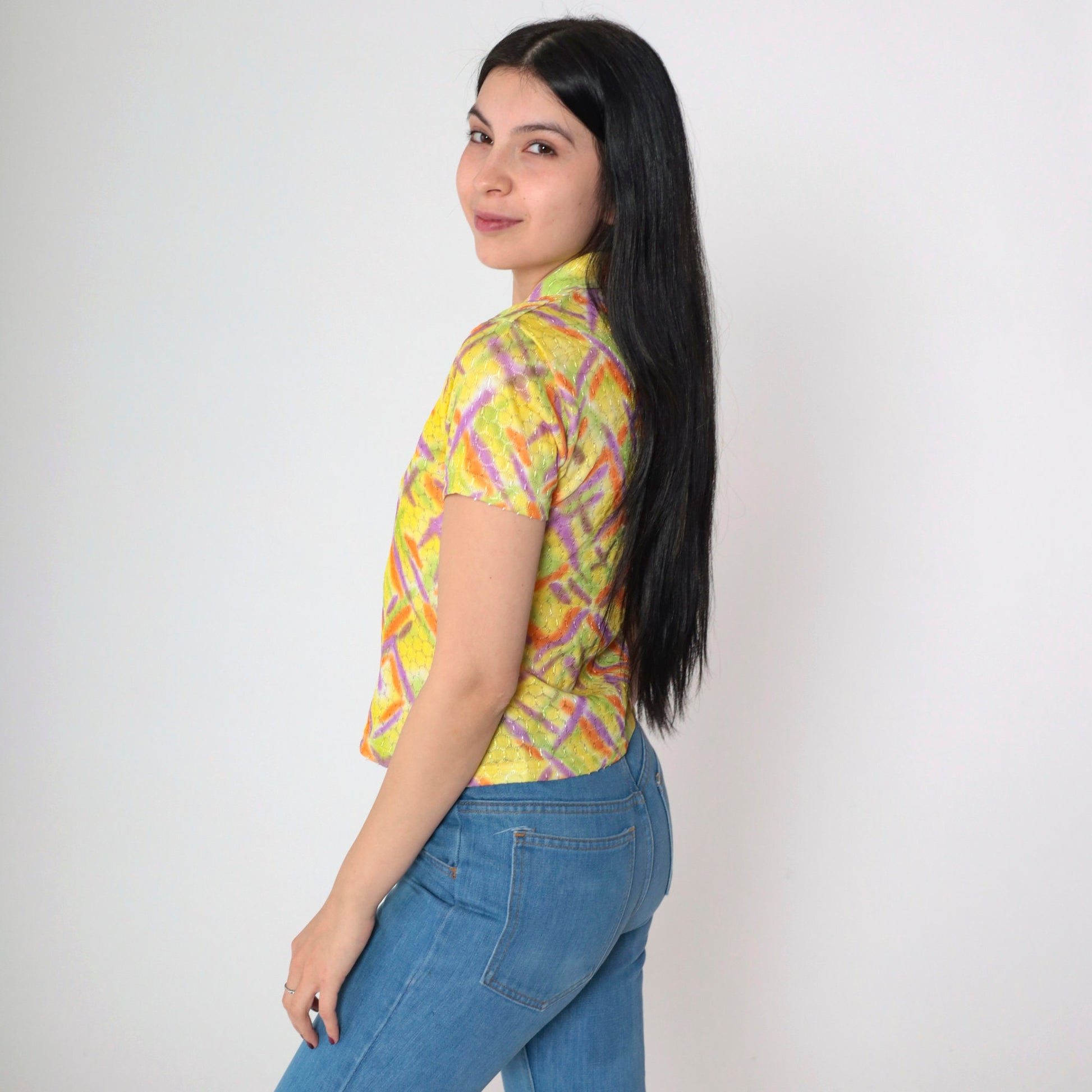00s Metallic Abstract Criss Cross Collared Shirt Yellow Geometric Small S