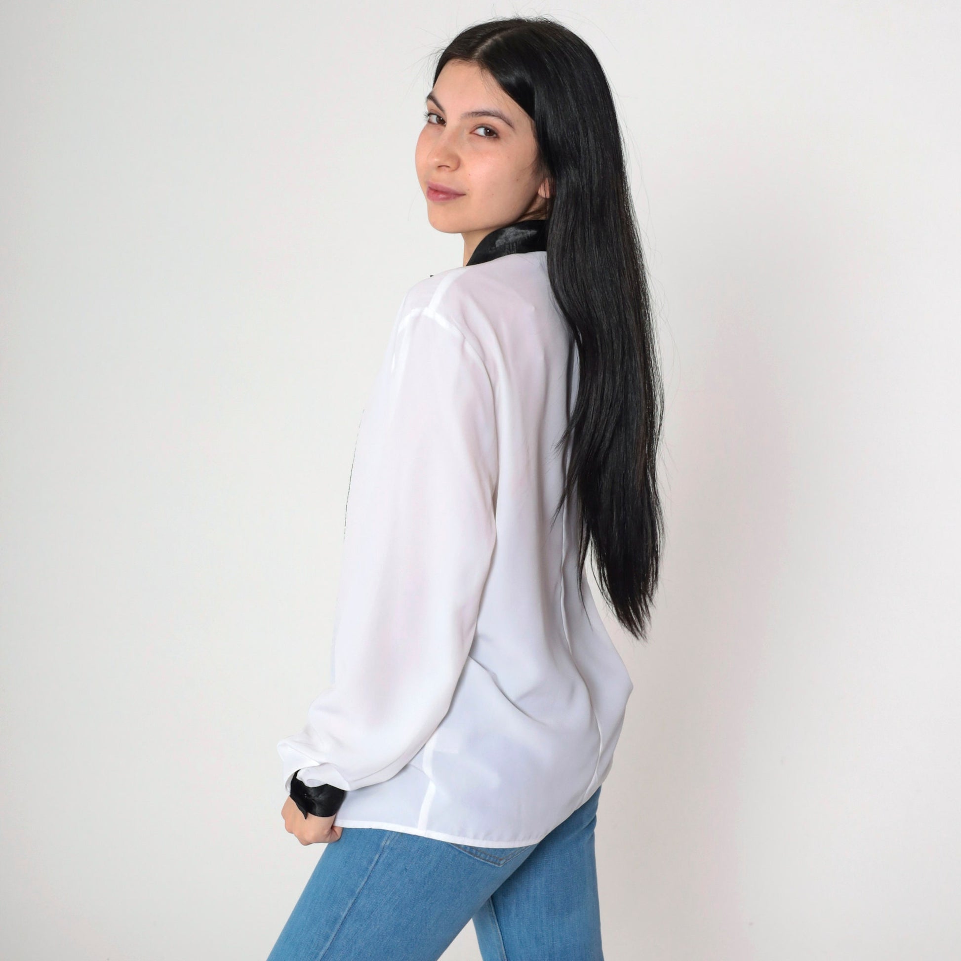 90s Claudia Richard Floral Embroidered Blouse White Black Flower Long Sleeve Medium