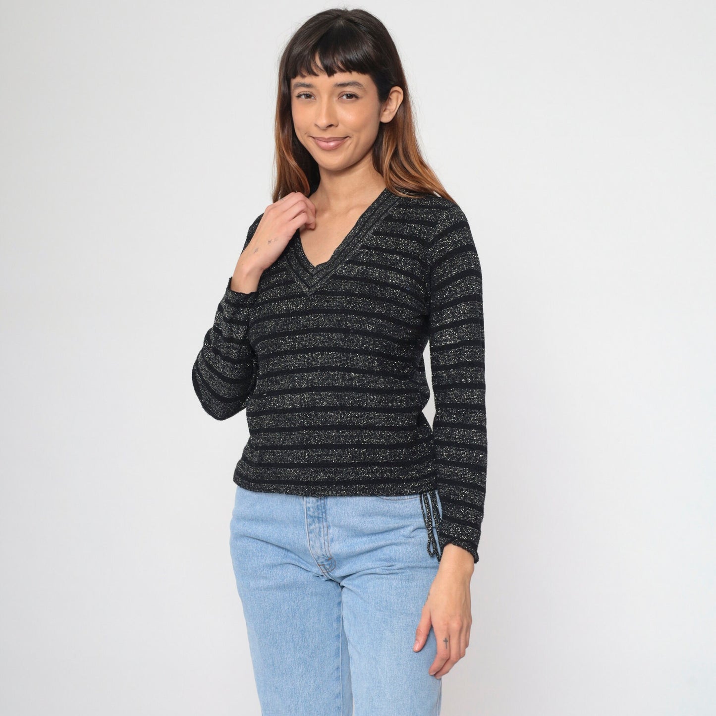 70s Metallic Striped Knit Sweater Silver Black V-Neck Pullover Small S