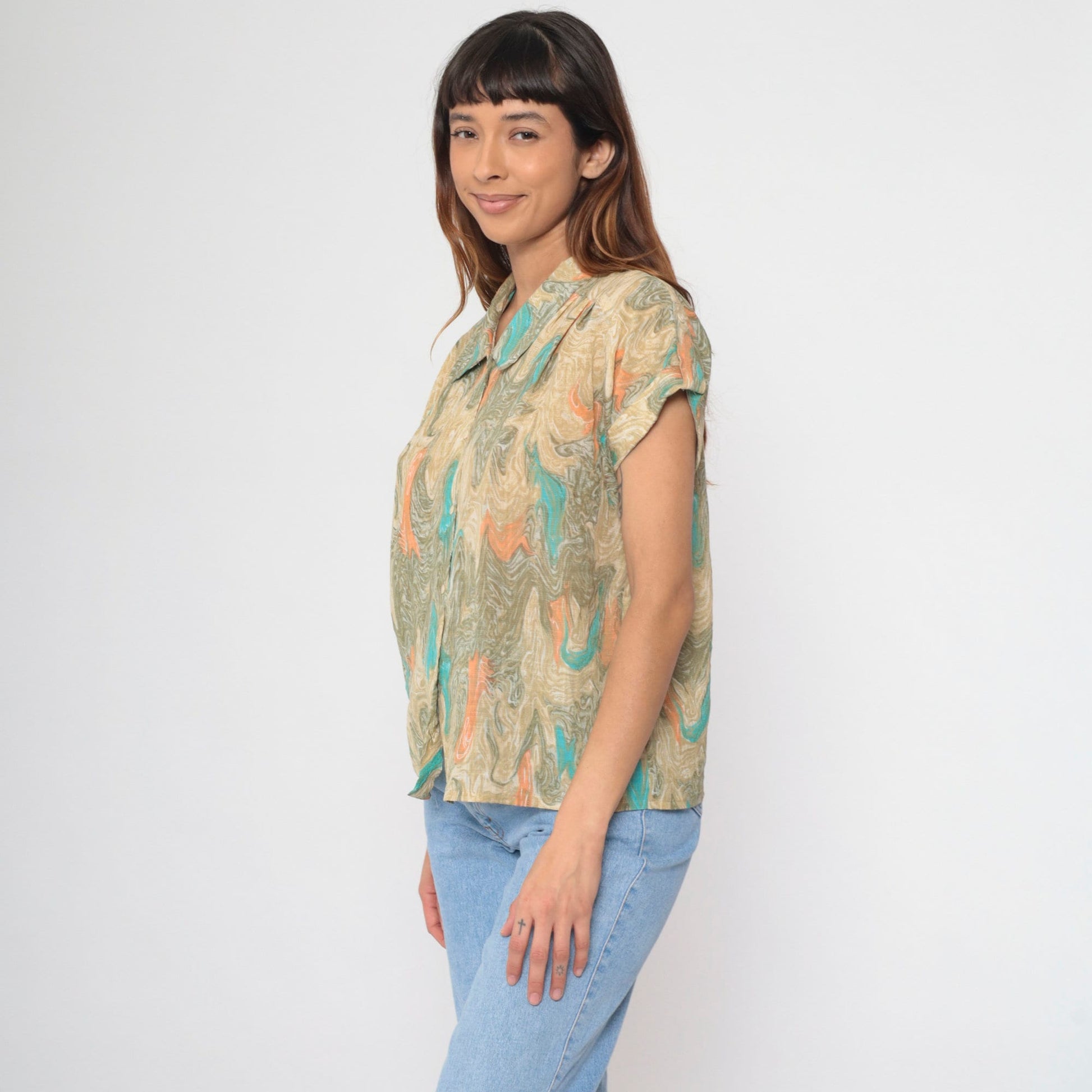 90s Marble Print Button Up Shirt Psychedelic Turquoise Tan Orange Large
