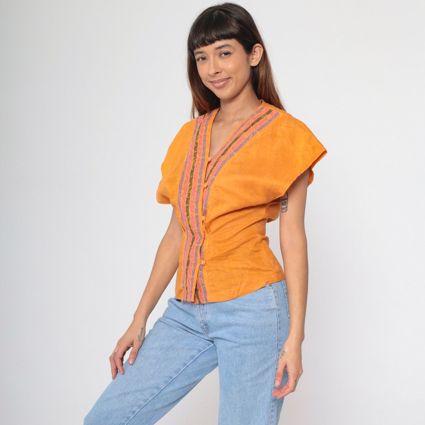00s Orange Rococo Striped Button-Up Blouse Rhinestone Dolman Sleeve V-Neck Extra Small