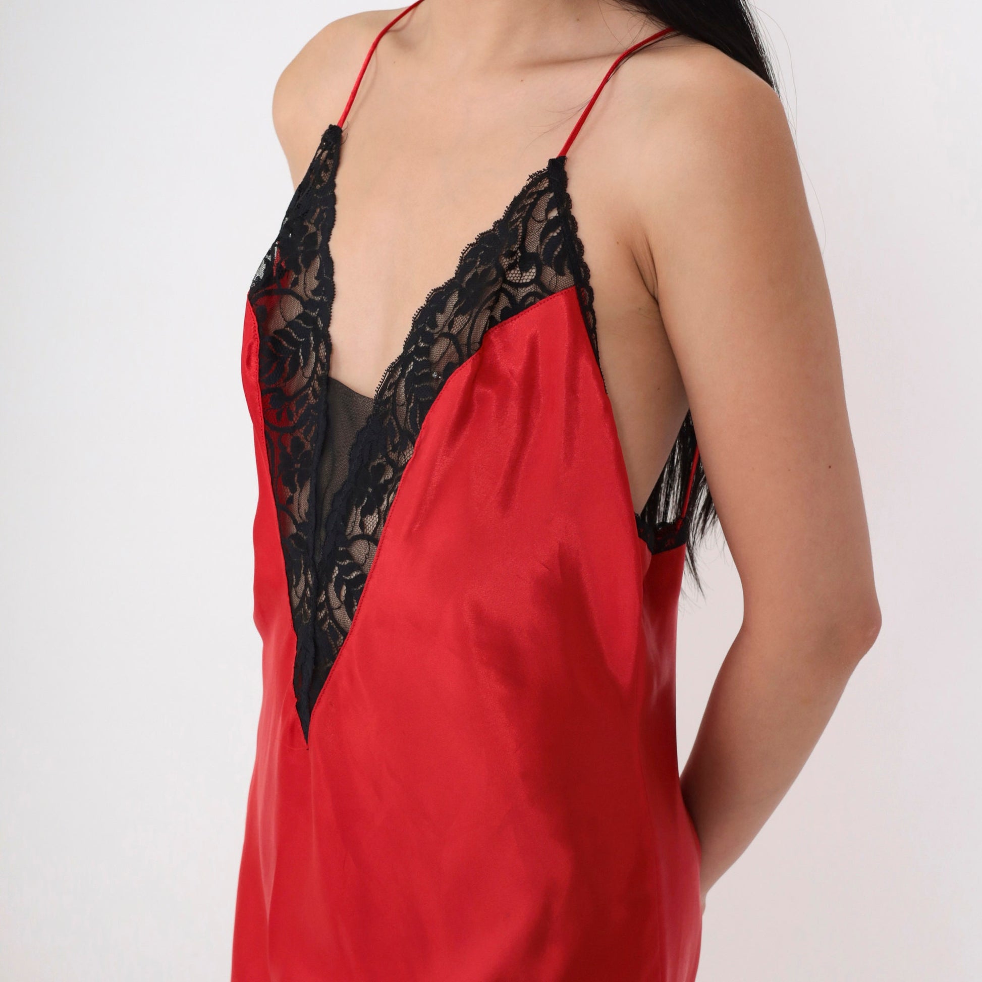 90s Val Mode Red Slip Dress Midi Black Lace Trim Open Back Medium