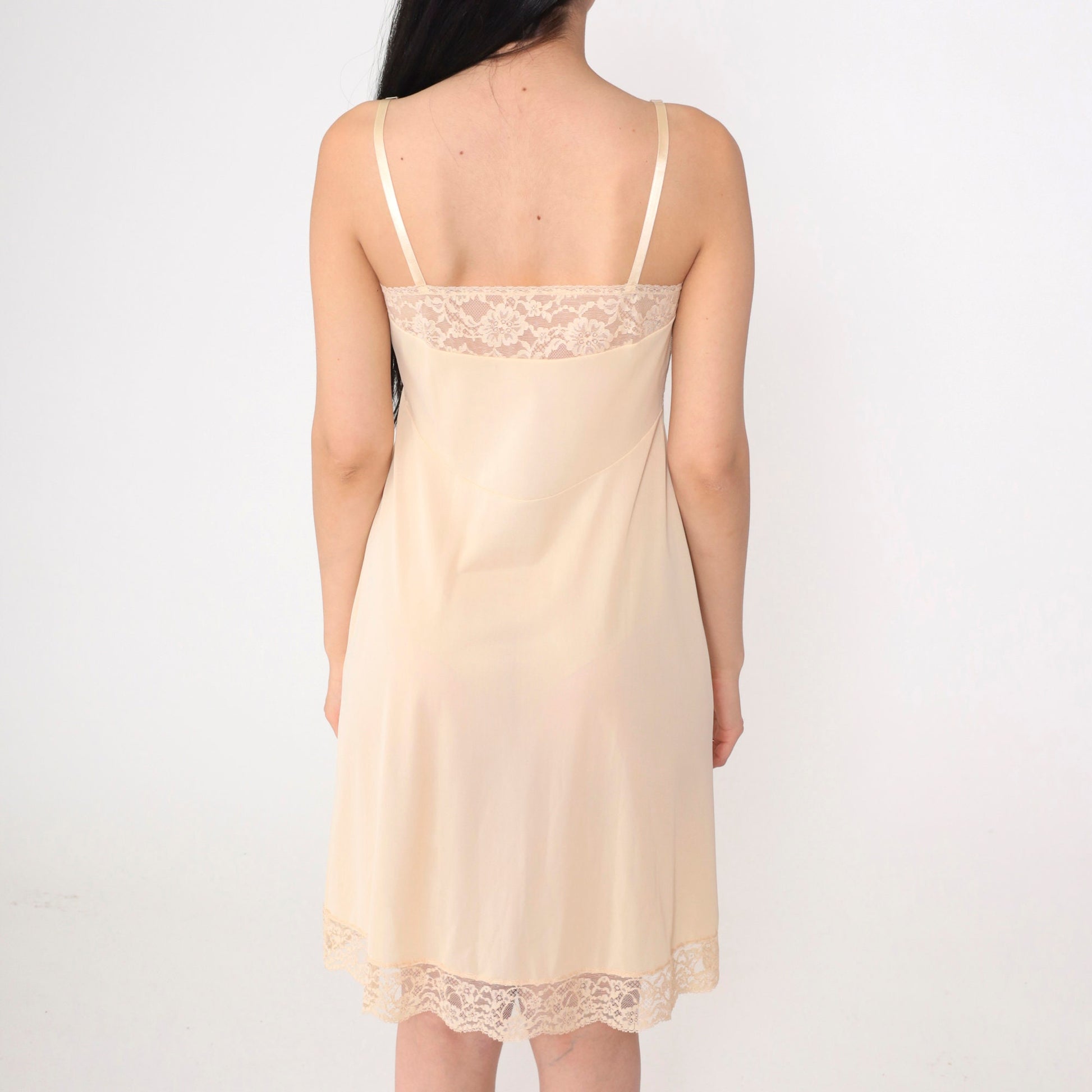 70s Vanity Fair Beige Lace Slip Dress Empire Waist Mini Small