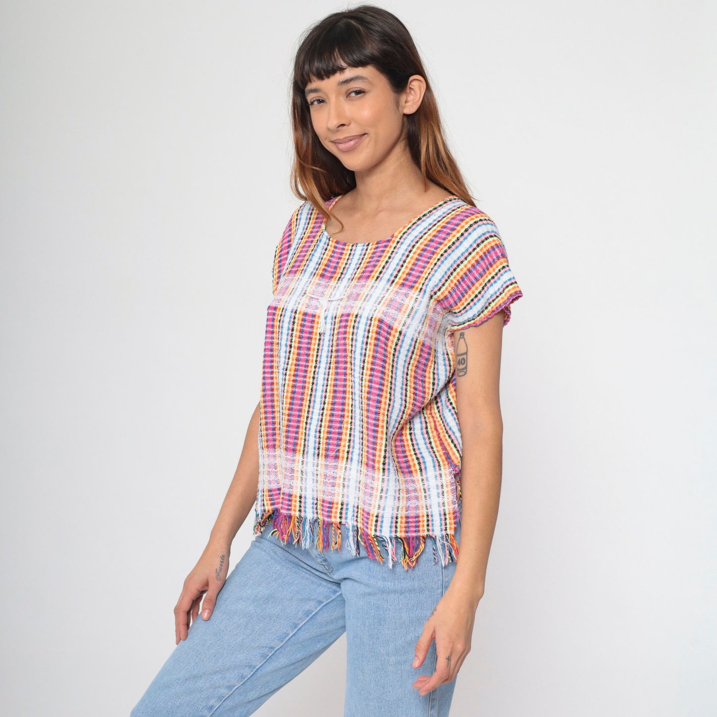 00s Mexican Neon Rainbow Striped Blouse Hot Pink Lace Trim Fringe Small