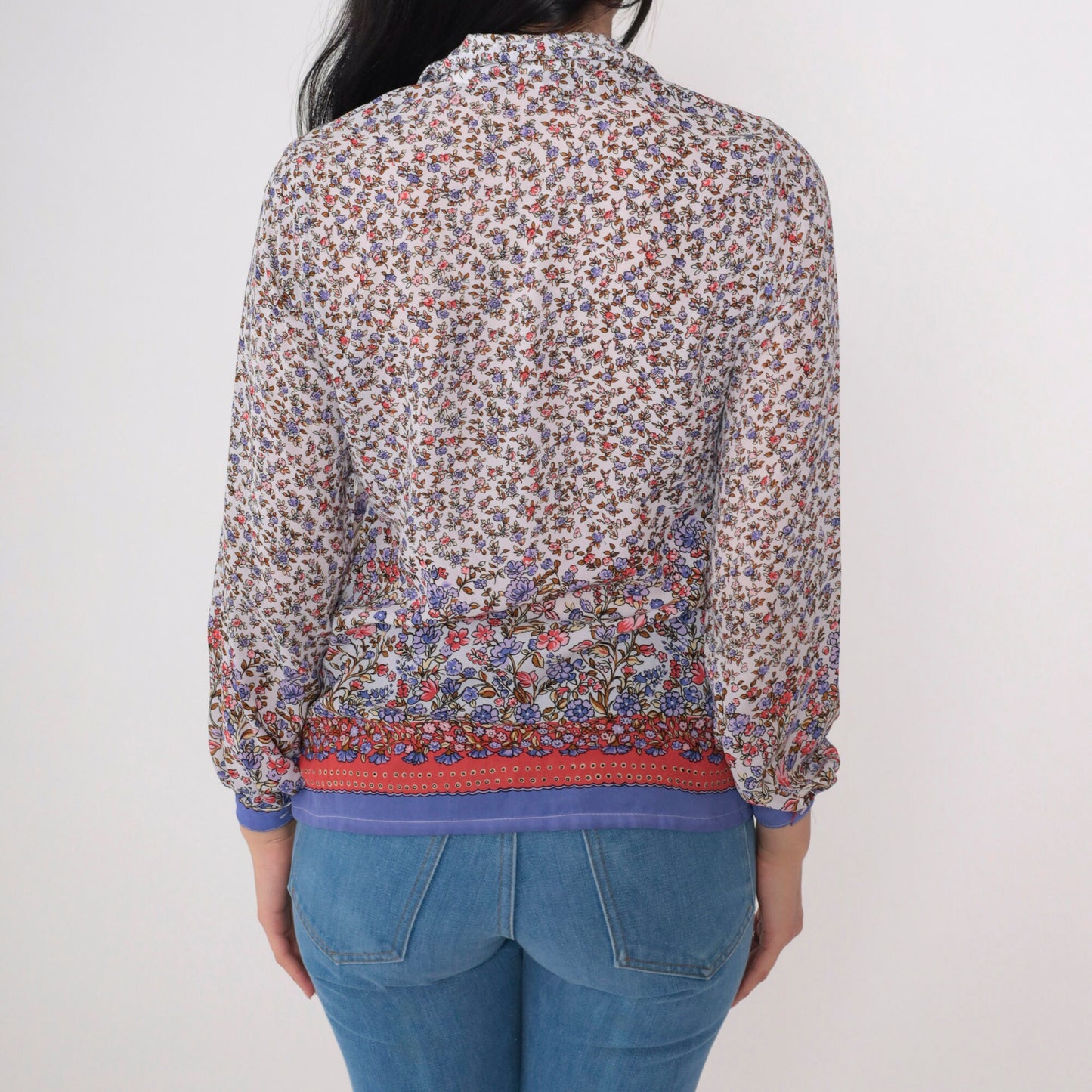90s Floral Button-Up Blouse Long Sleeve Collared Shirt White Red Blue Extra Small