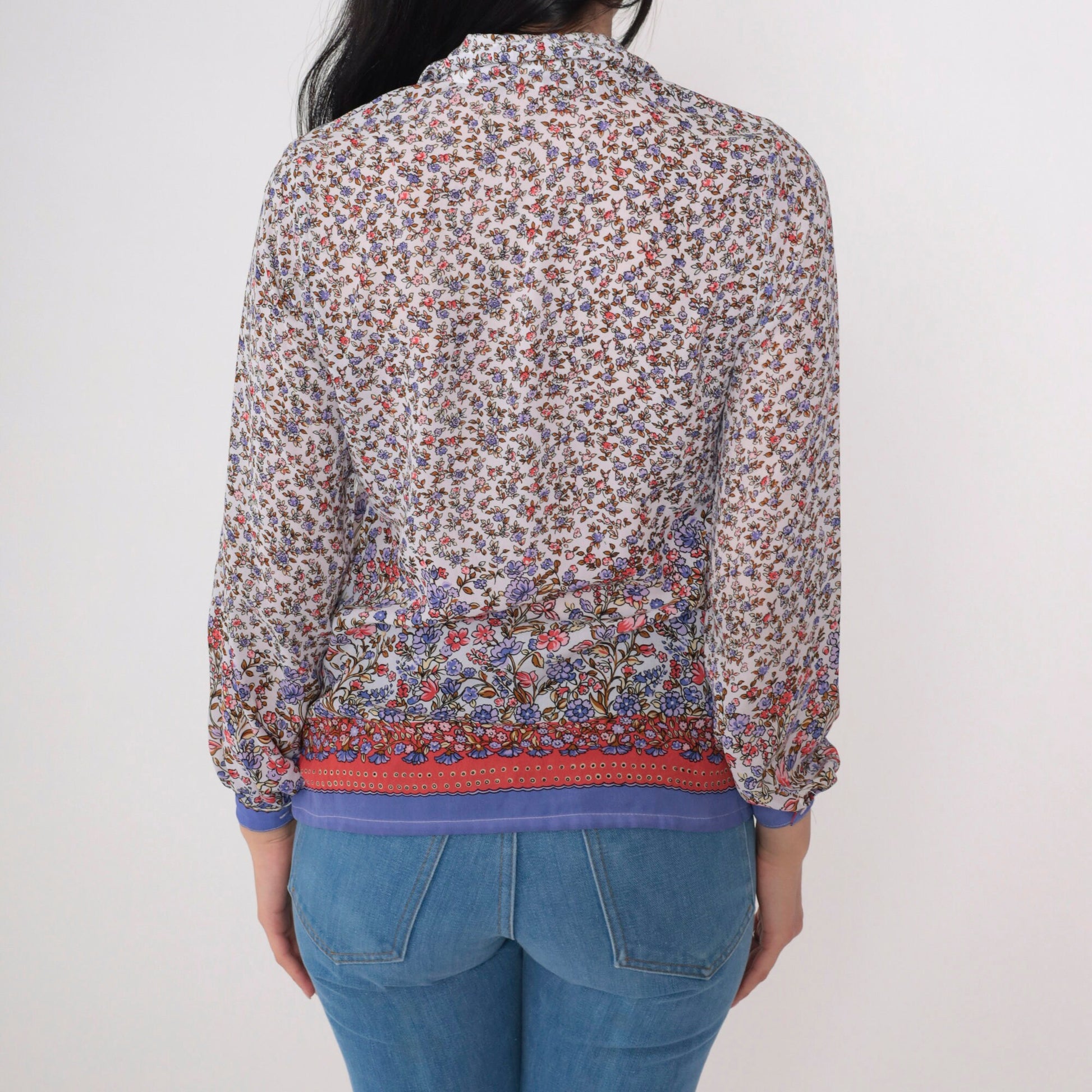 90s Floral Button-Up Blouse Long Sleeve Collared Shirt White Red Blue Extra Small