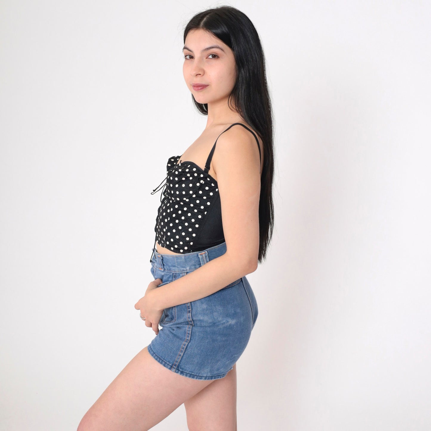 80s Emil Bole Polka Dot Bustier Crop Top Black White Lace Up Small