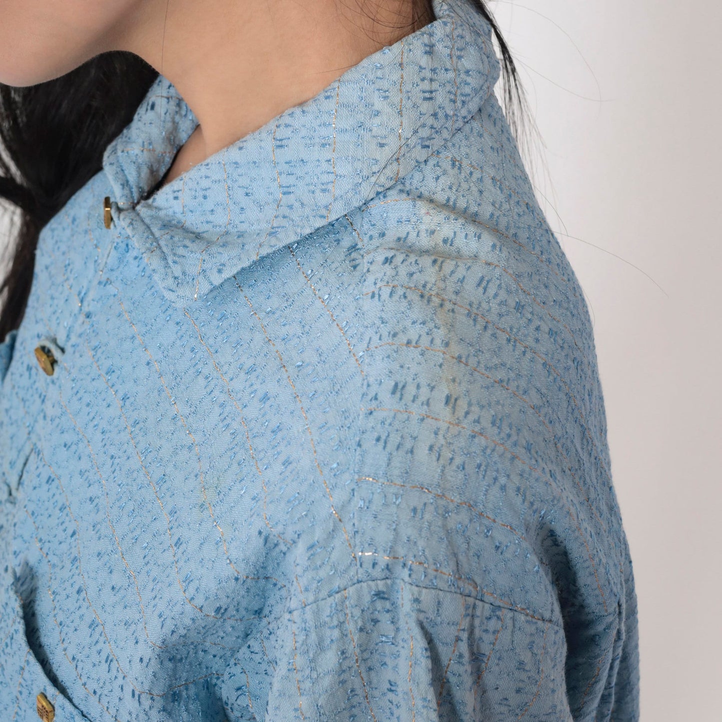 70s Baby Blue Metallic Polo Shirt Short Sleeve Collared Top Large L