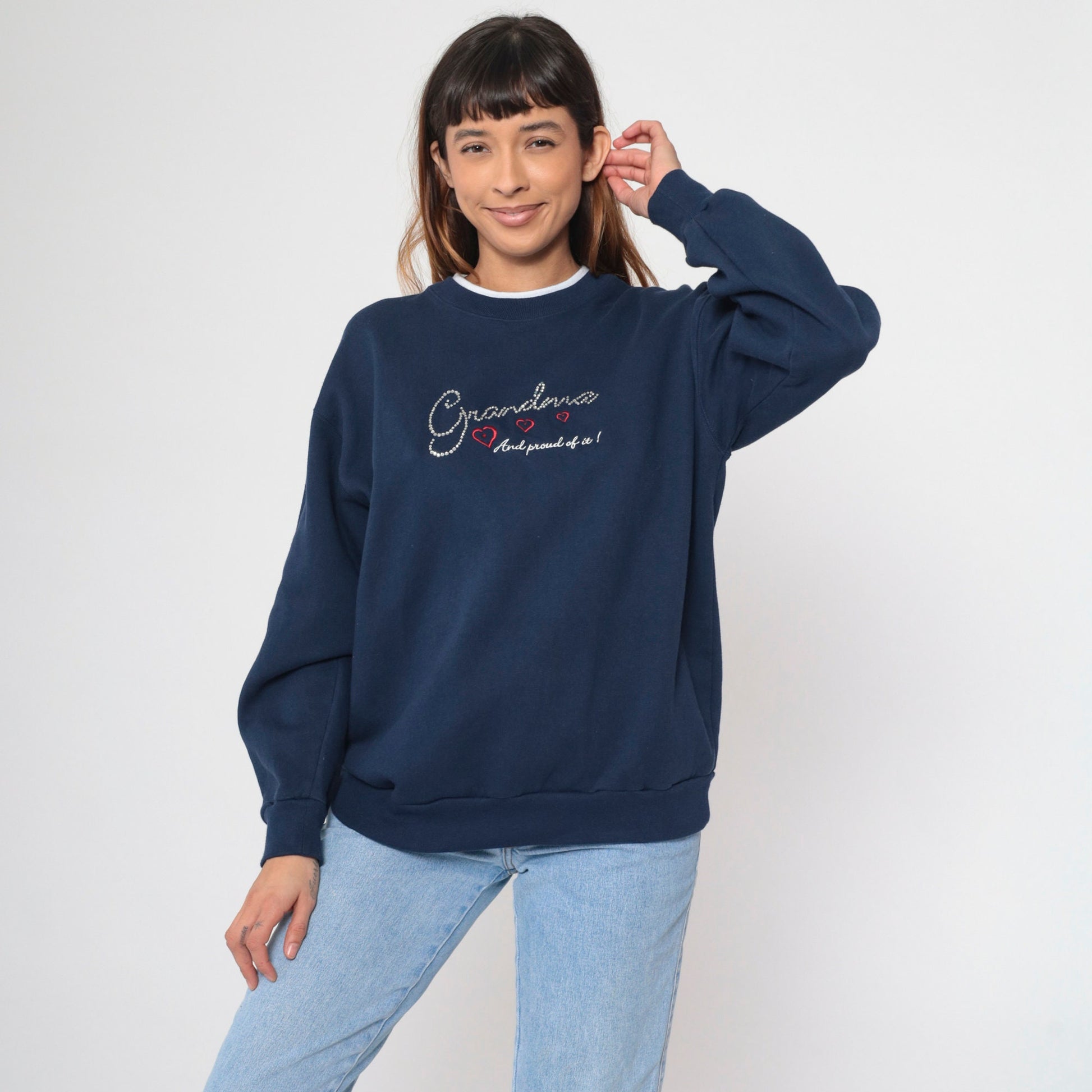 90s Grandma Rhinestone Navy Sweatshirt Embroidered Hearts Double Collar Large Petite