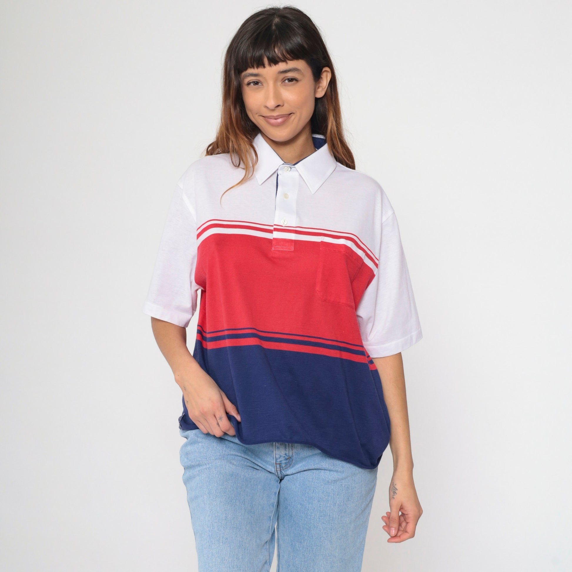 90s Polo Shirt Navy Red White Color Block Short Sleeve Chest Pocket Extra Large XL