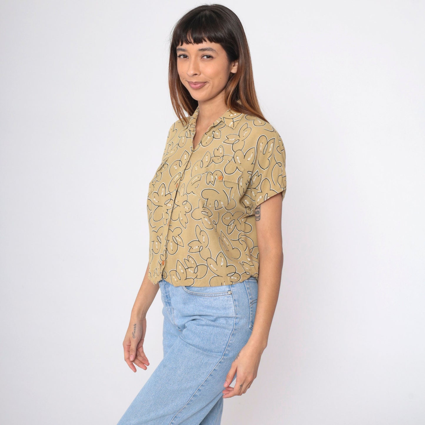 90s Abstract Floral Button-Up Blouse Mustard Short Sleeve Medium