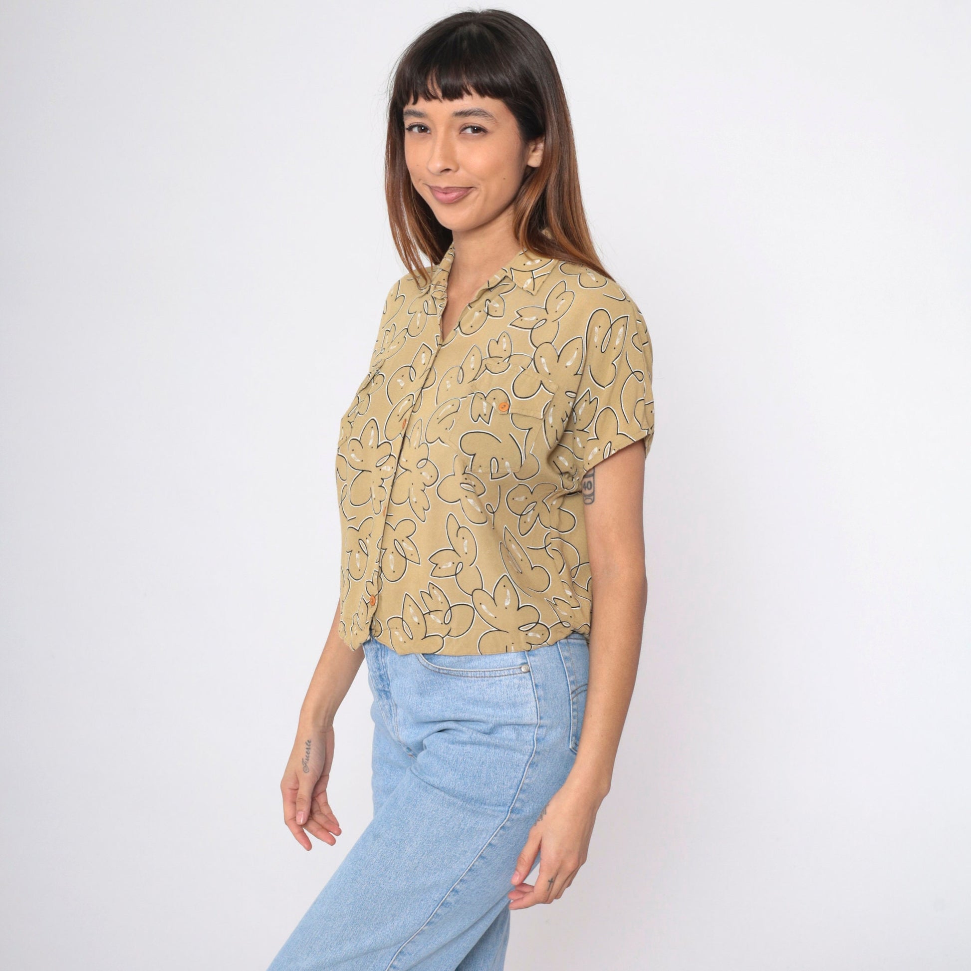90s Abstract Floral Button-Up Blouse Mustard Short Sleeve Medium