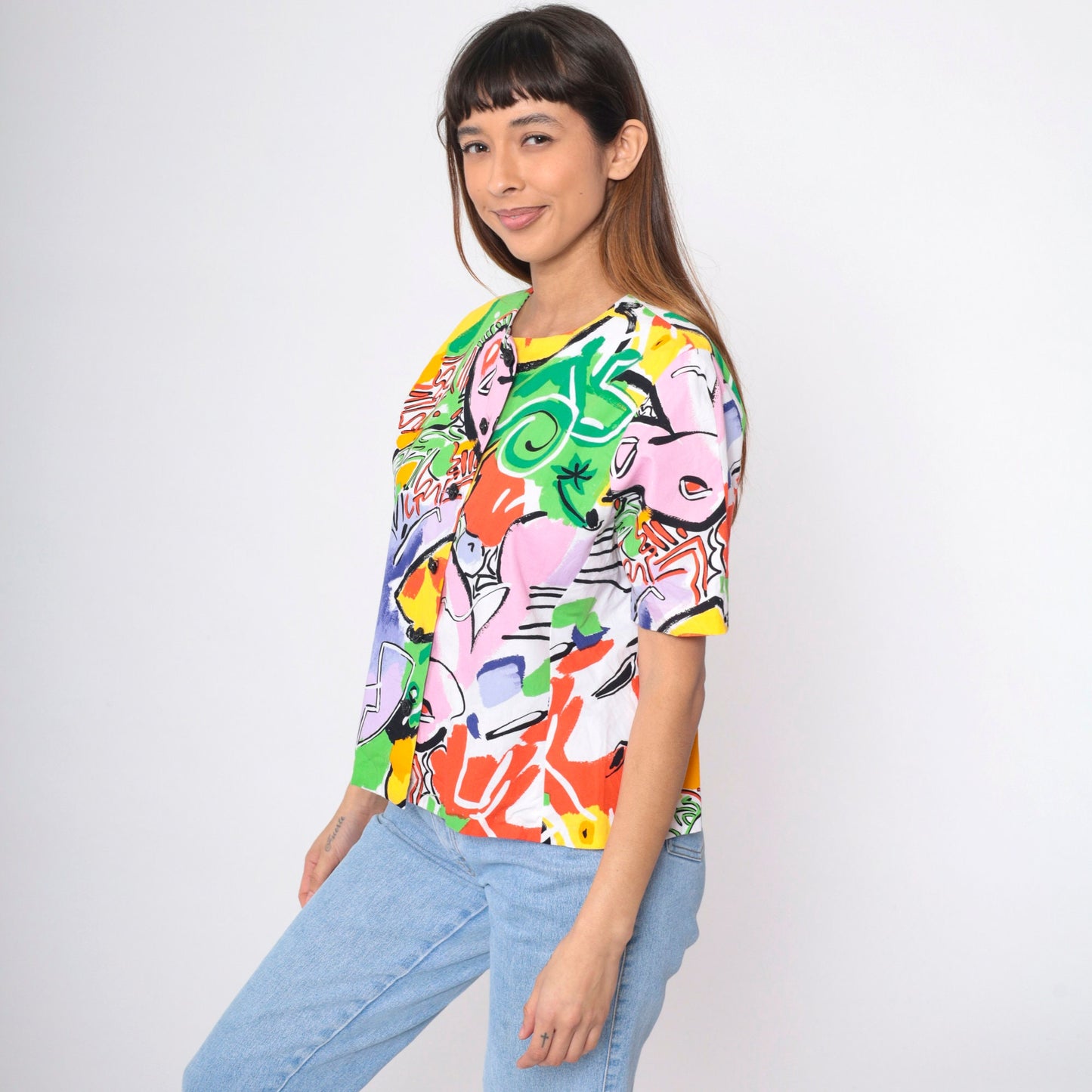 90s Abstract Tropical Button-Up Blouse Multicolor Geometric Print Medium