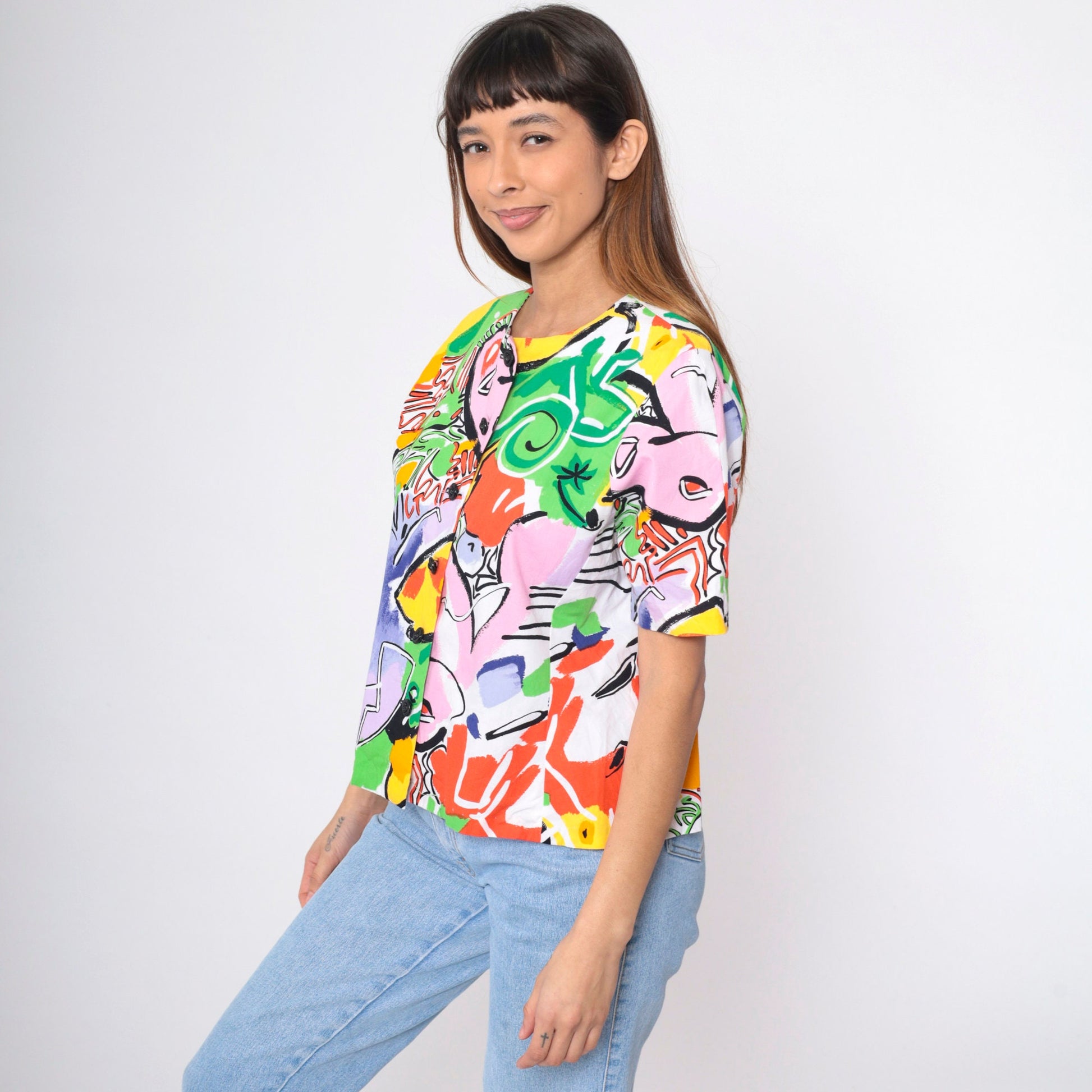 90s Abstract Tropical Button-Up Blouse Multicolor Geometric Print Medium