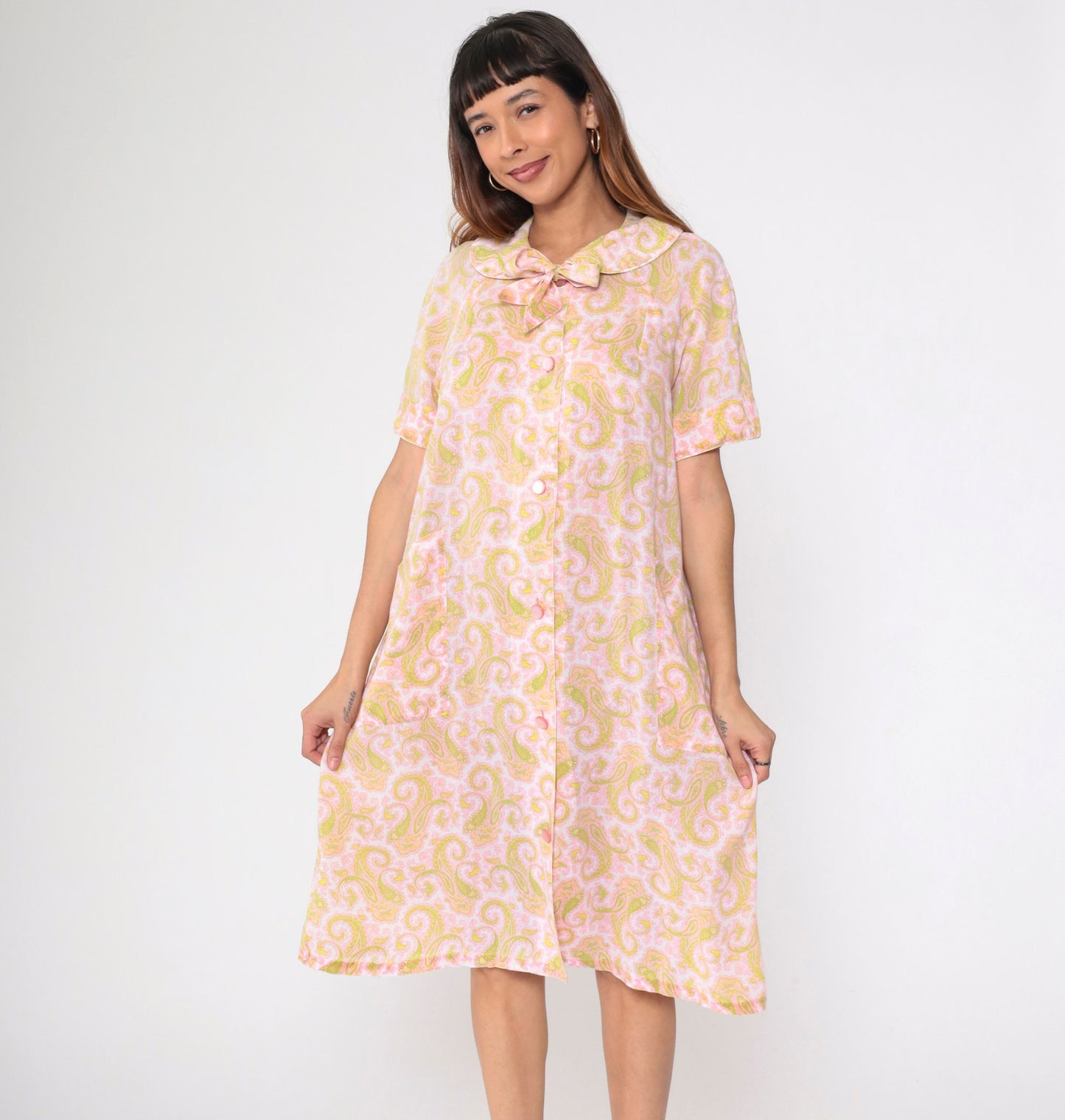 60s Paisley Nightgown Peter Pan Collar Button-Up Midi Shift Dress Pink Green Large L
