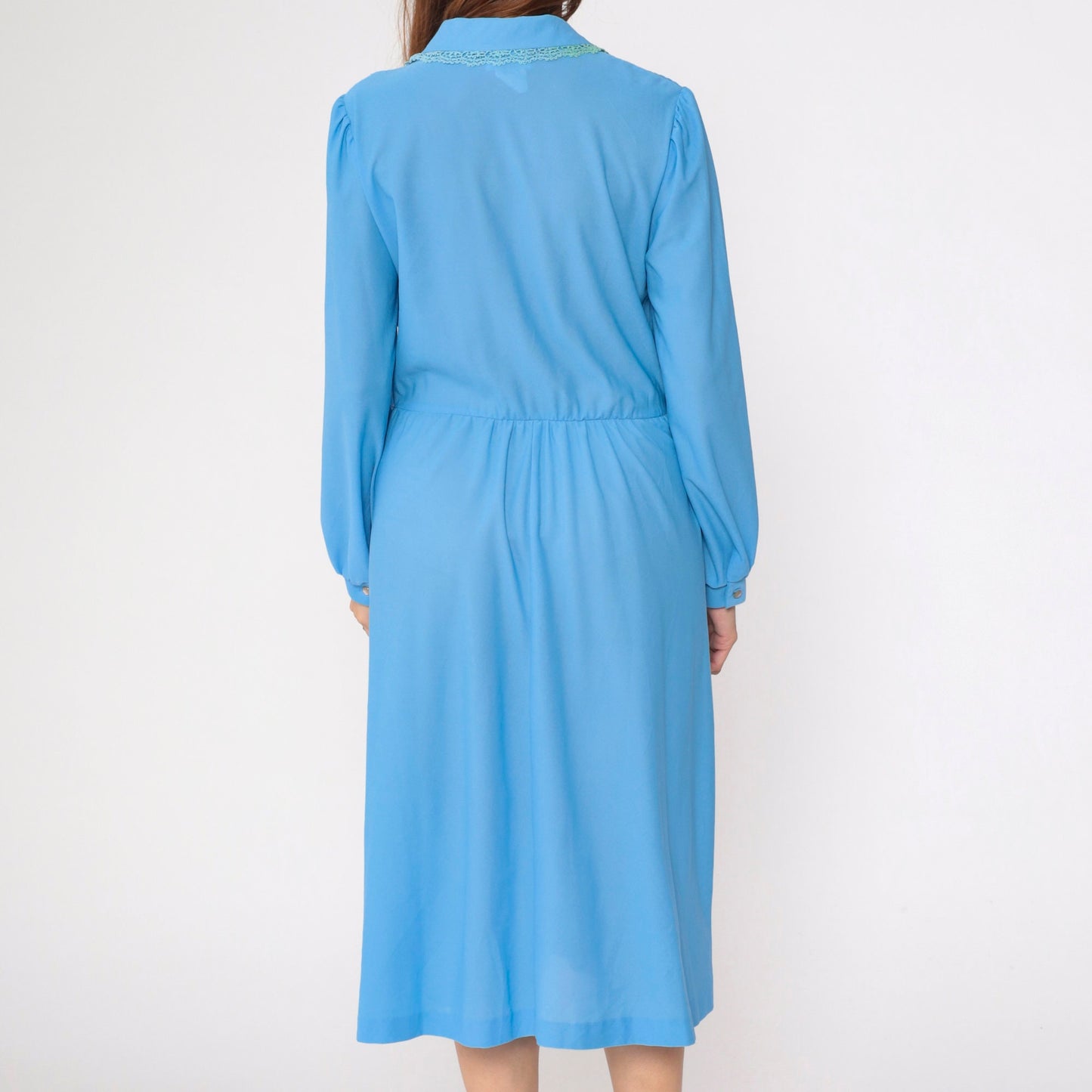 70s Blue Midi Shirtdress Pintuck Lace Trim Puff Sleeve High Waist Medium