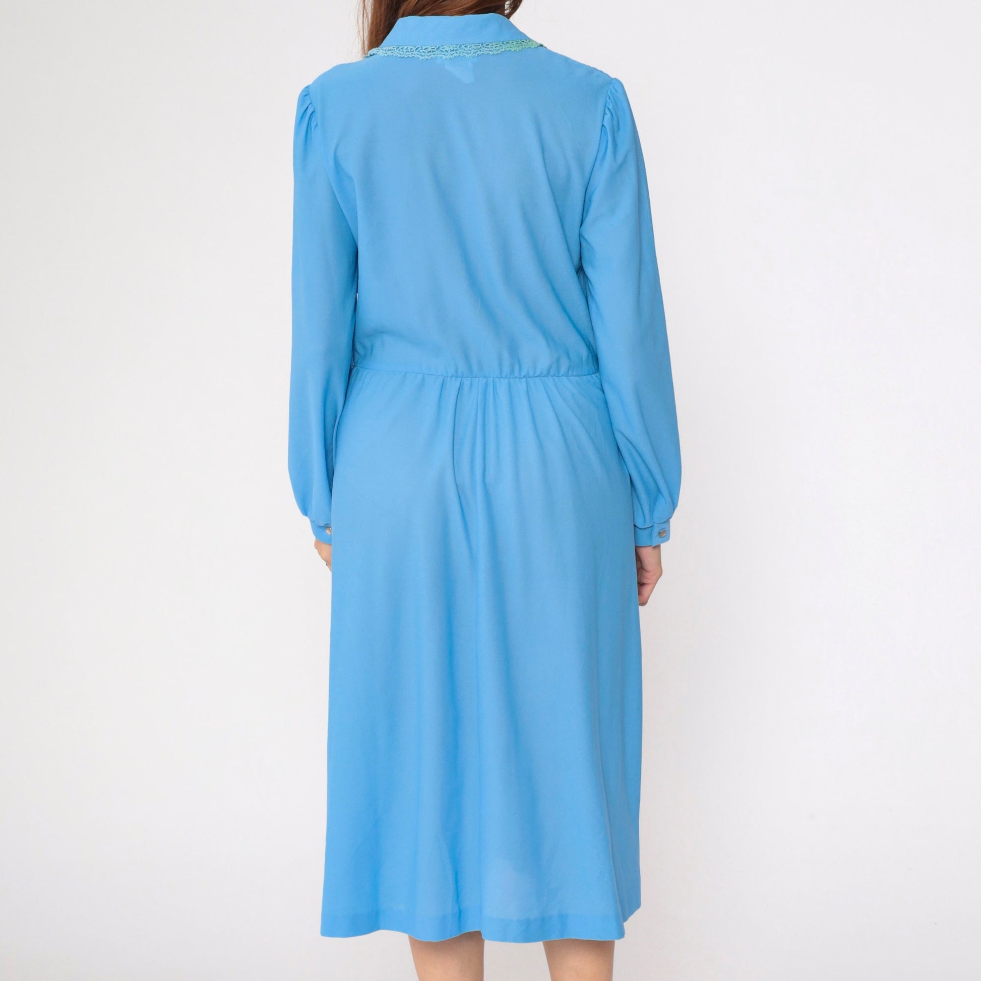 70s Blue Midi Shirtdress Pintuck Lace Trim Puff Sleeve High Waist Medium
