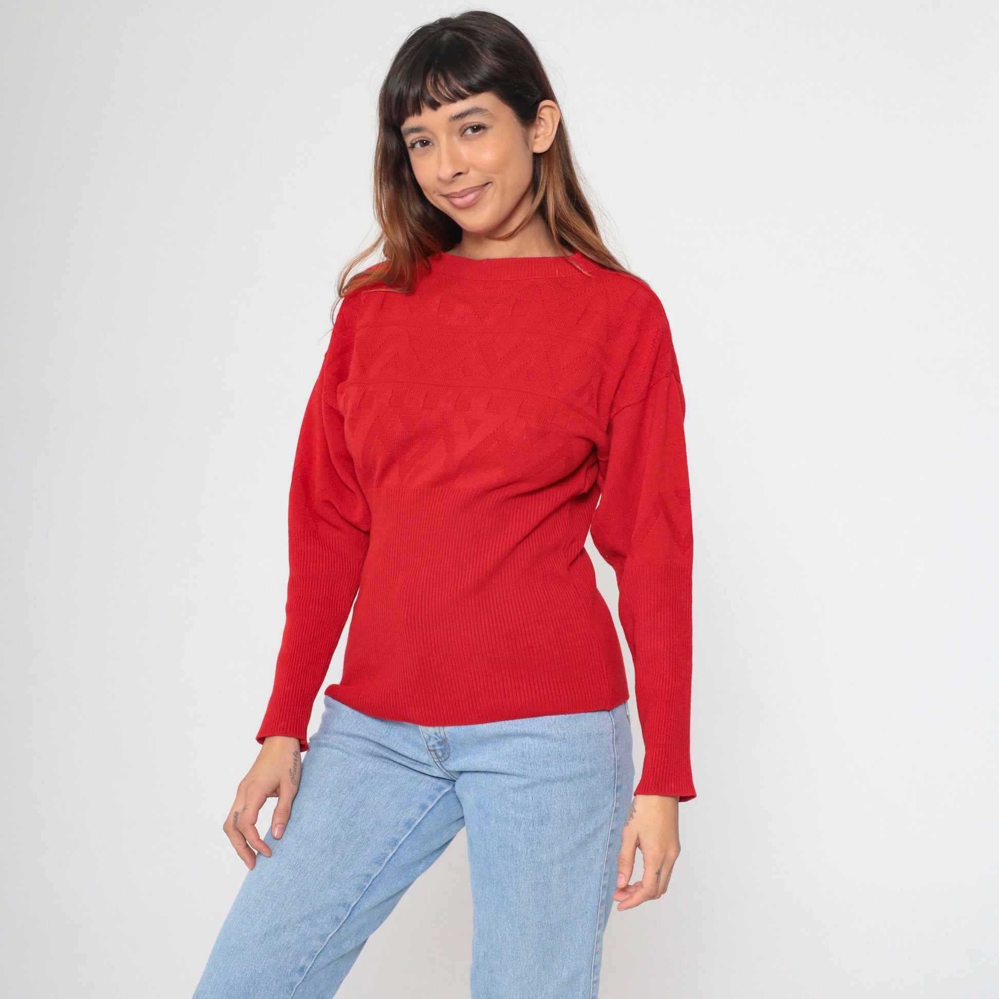 80s Red Textured Knit Sweater Zig Zag Geometric Ribbed Waist Small Medium
