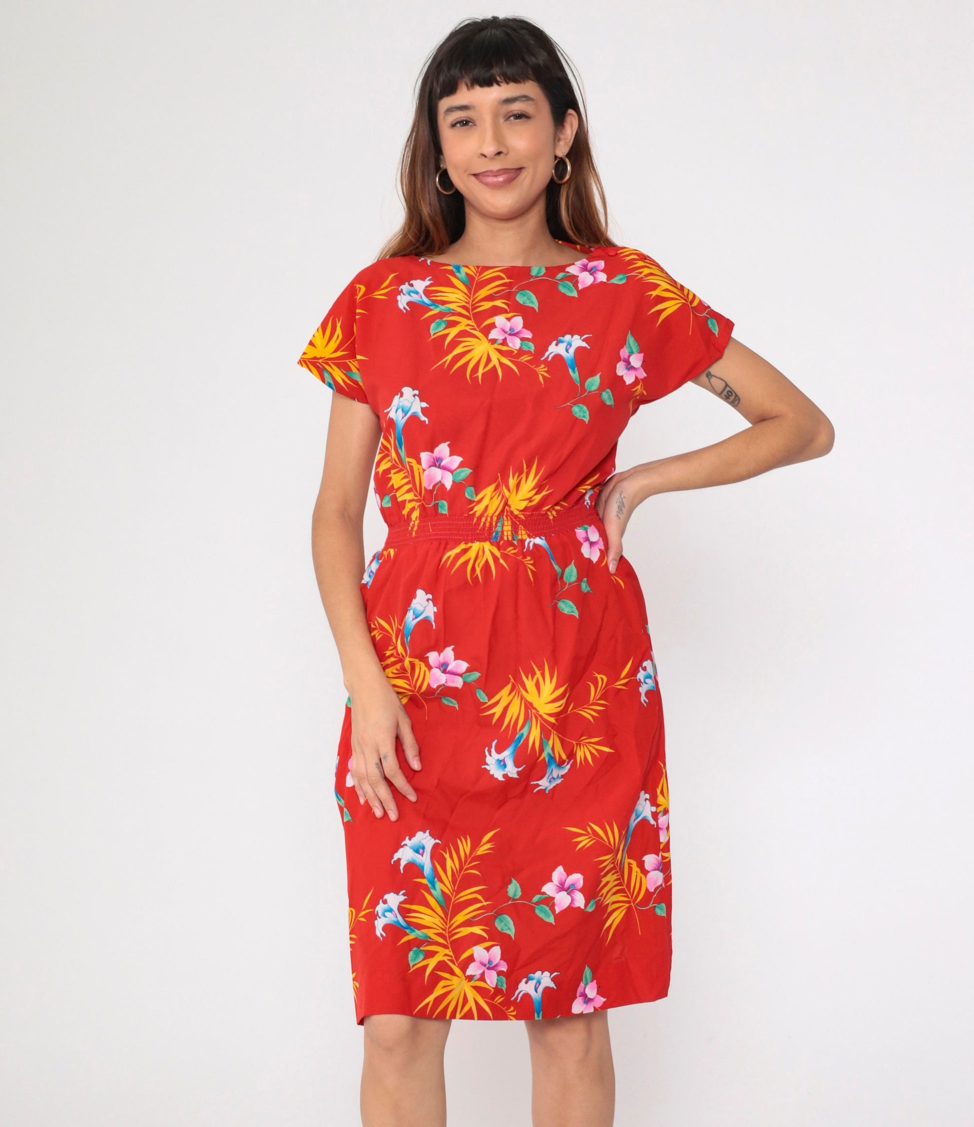 80s Hilo Hatties Tropical Floral Midi Dress Red High Waist Short Sleeve Small Medium