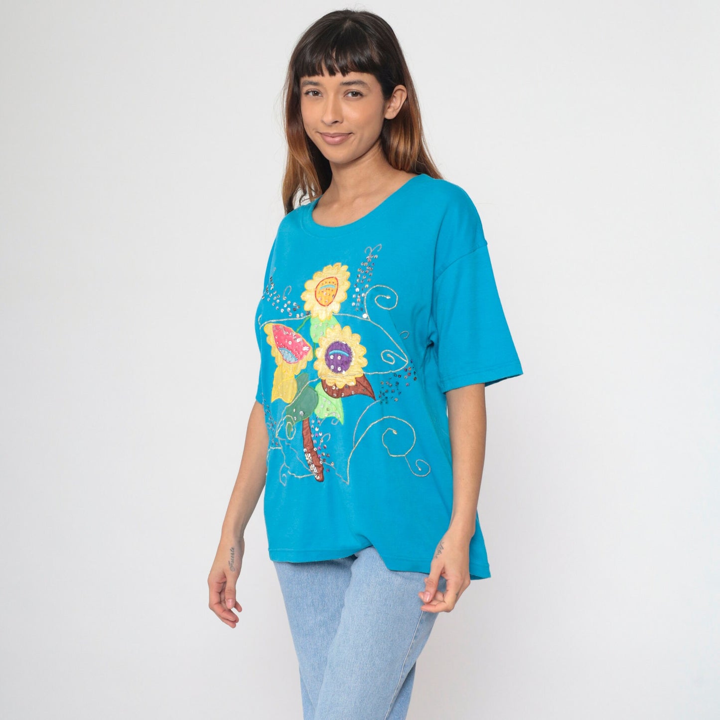 90s Turquoise Floral T-Shirt Sequined Beaded Embroidered Graphic Tee Large