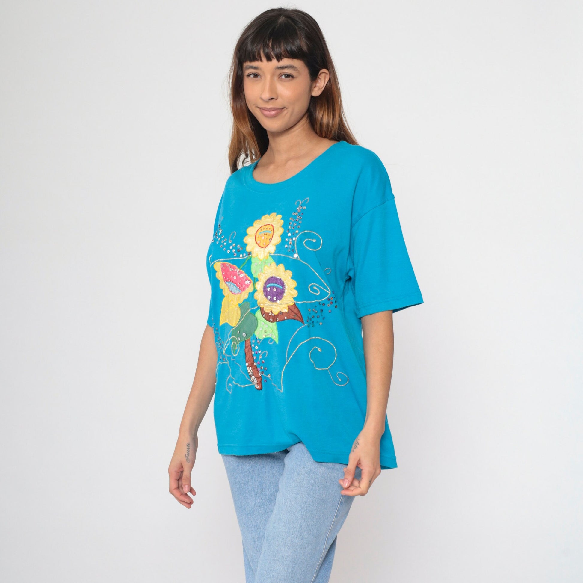 90s Turquoise Floral T-Shirt Sequined Beaded Embroidered Graphic Tee Large