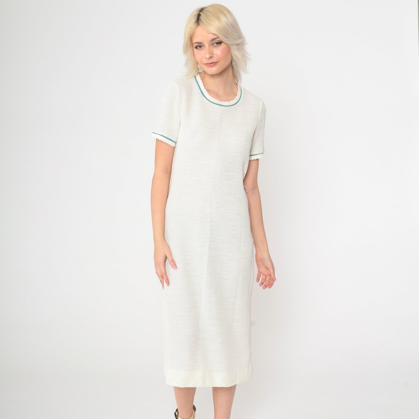 70s White Openwork Knit Midi Dress & Cardigan Set Teal Trim Small