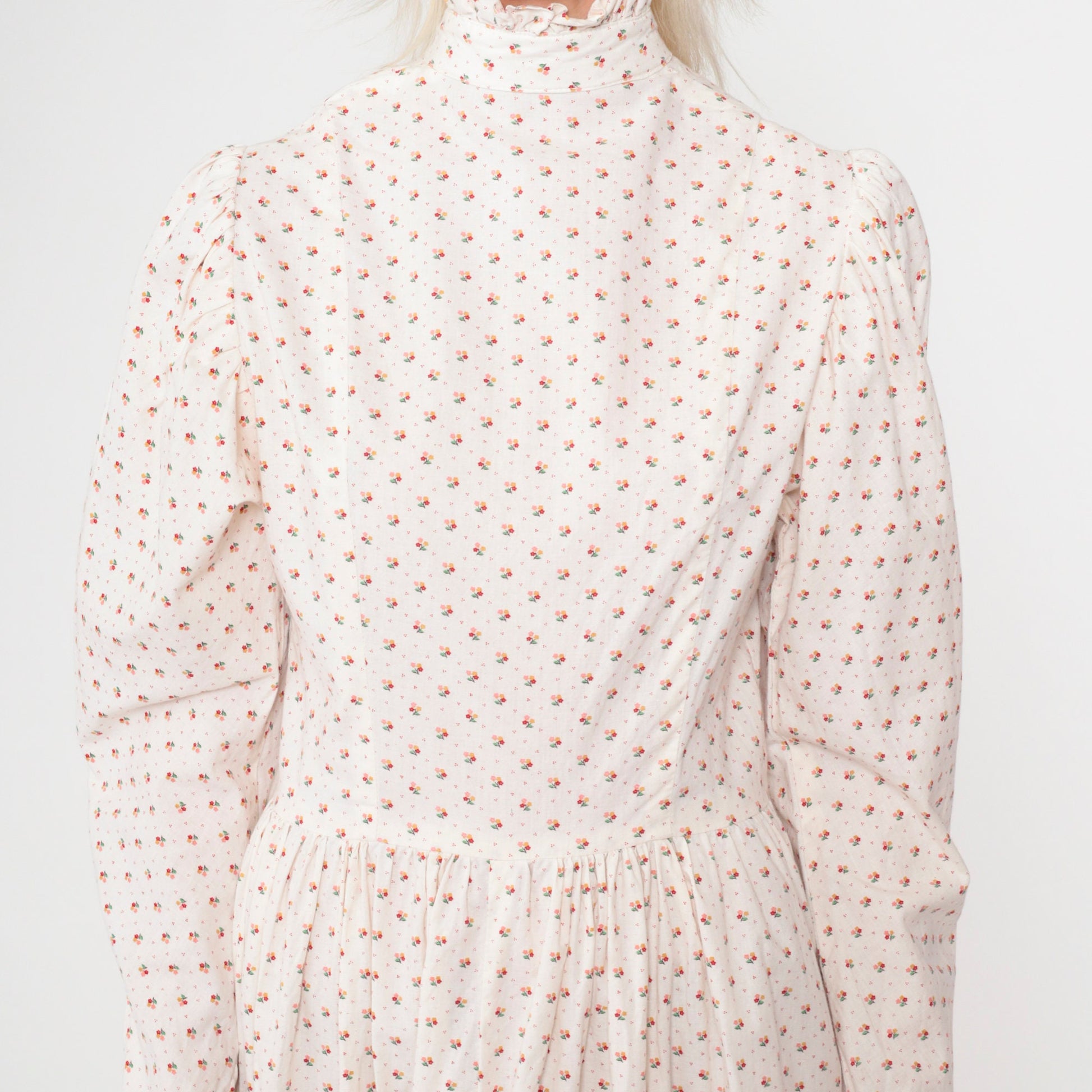 70s White Calico Floral Midi Dress Puff Sleeve High Neck Ruffled Small