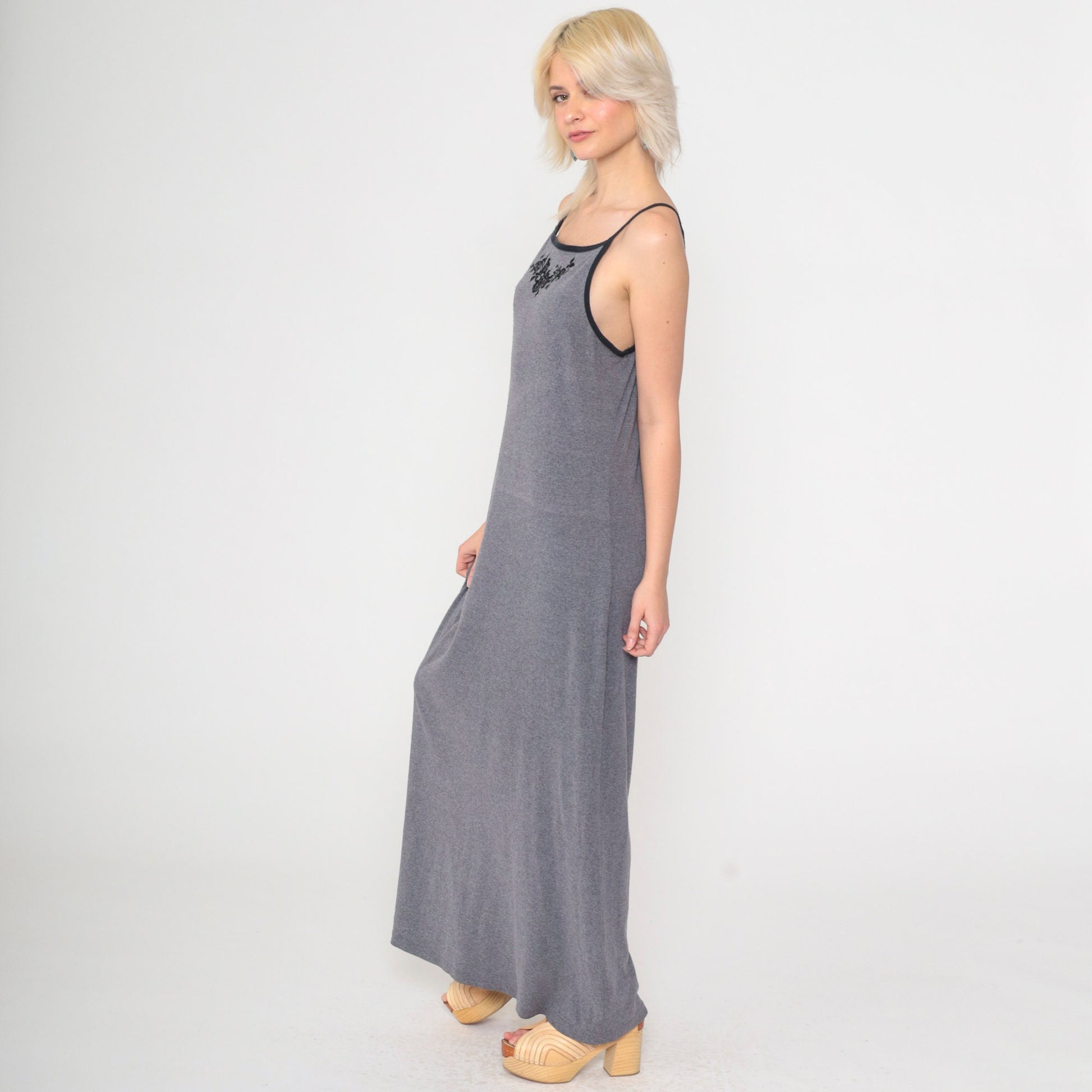 Y2K Grey Floral Maxi Dress Spaghetti Strap Bodycon 00s Xhilaration Medium