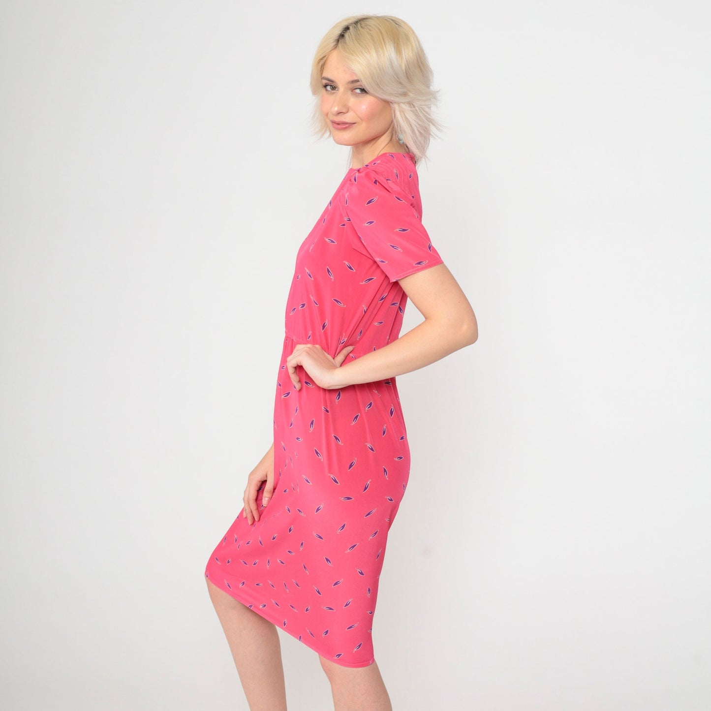 80s Leaf Print Midi Dress Bright Pink Puff Sleeve High Waist Button Back Extra Small