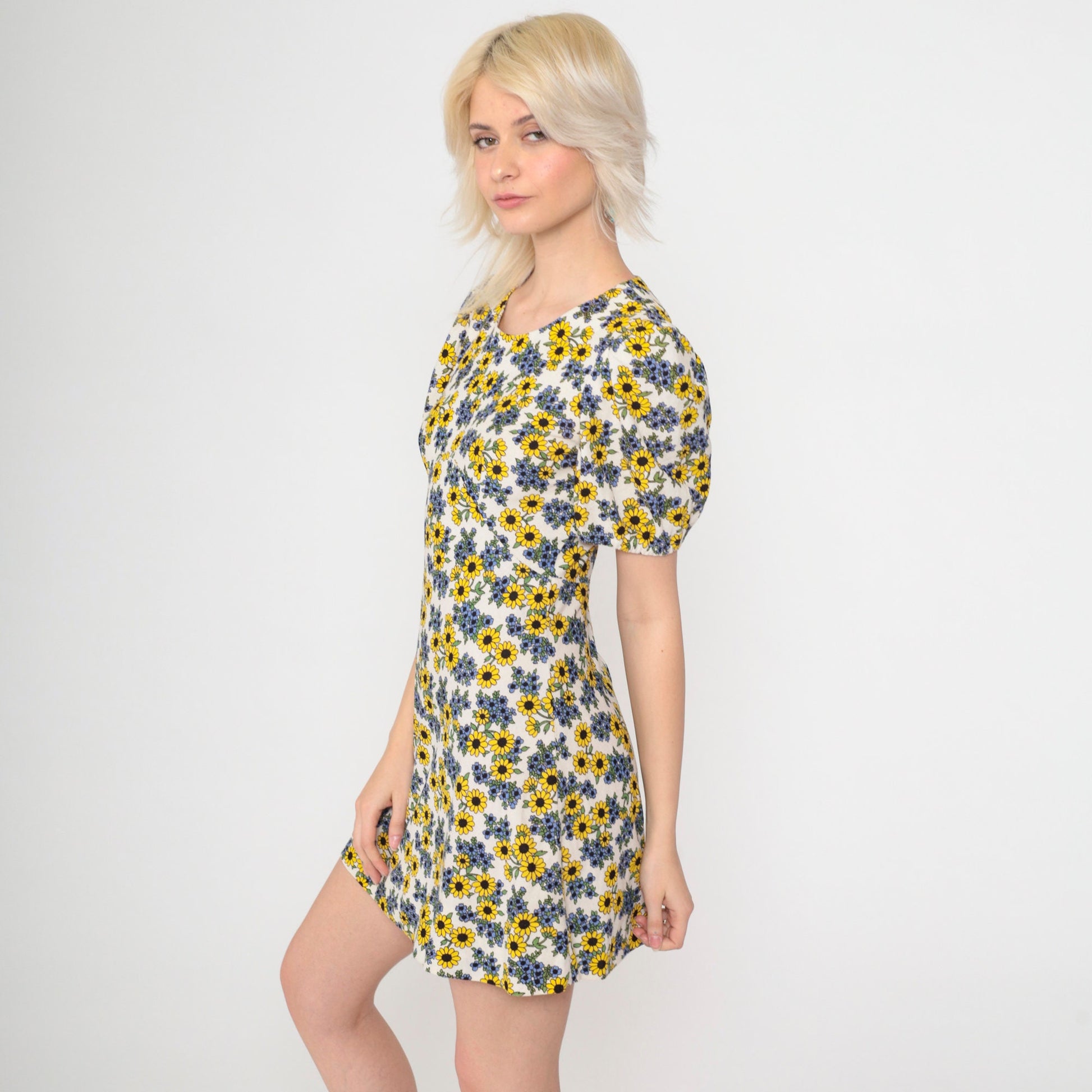 70s Floral Puff Sleeve Mini Dress Empire Waist Sunflower Print Extra Small