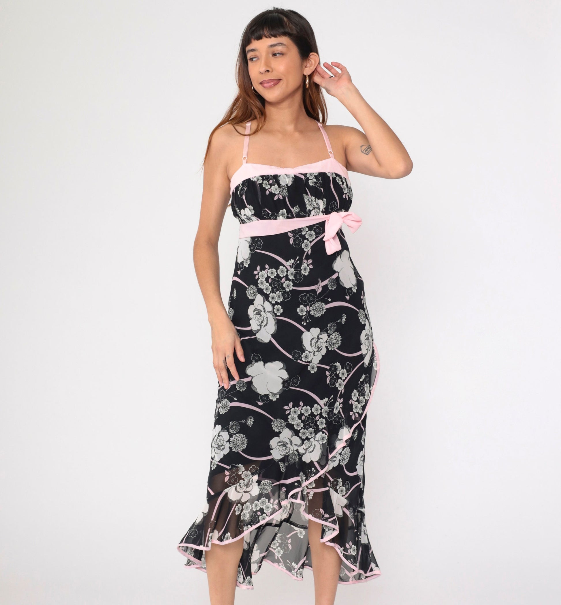 00s Black Floral Midi Sundress Baby Pink Bow Empire Waist Spaghetti Strap Medium