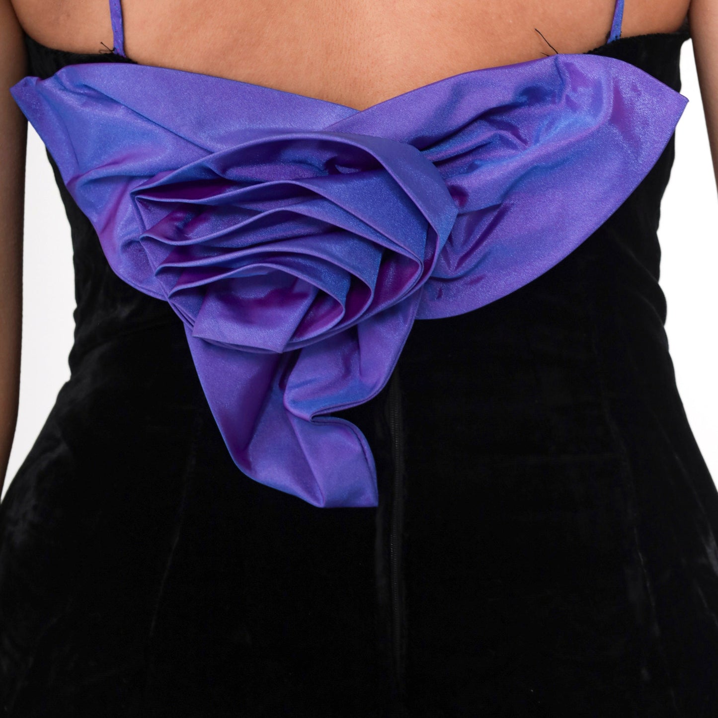80s Black Velvet Mini Dress Purple Rosette Sweetheart Neckline Medium