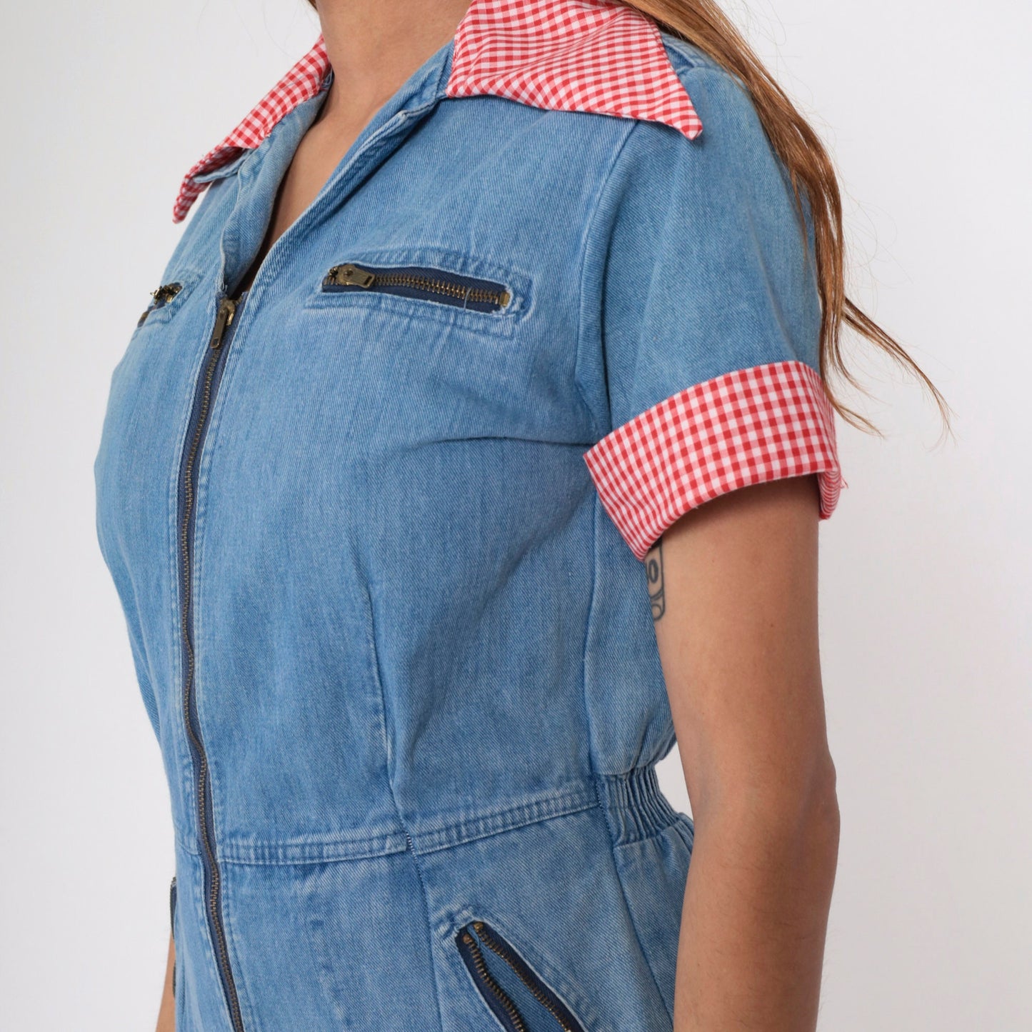 70s Blue Denim Jumpsuit Red Gingham Collar Short Sleeve Straight Leg Small