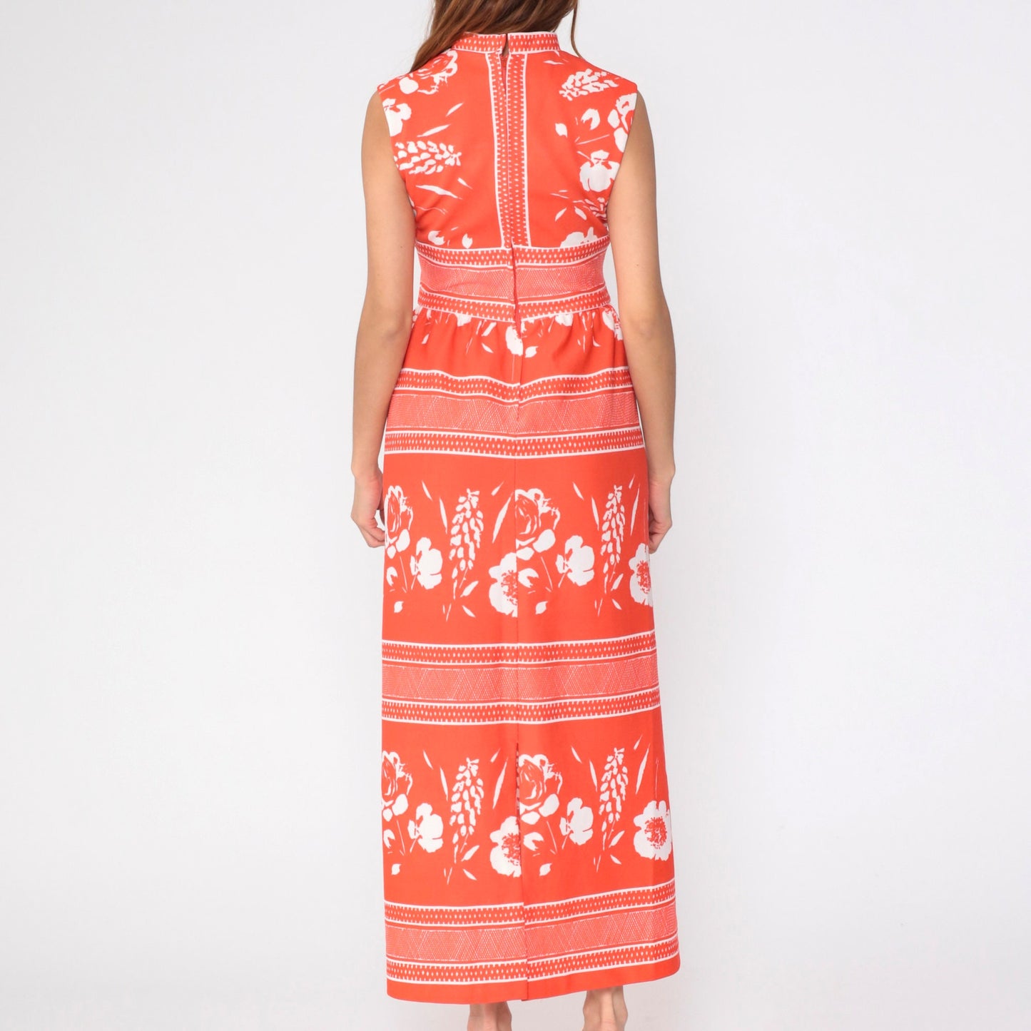 70s Orange Striped Floral Maxi Dress High Waist Mandarin Collar Small