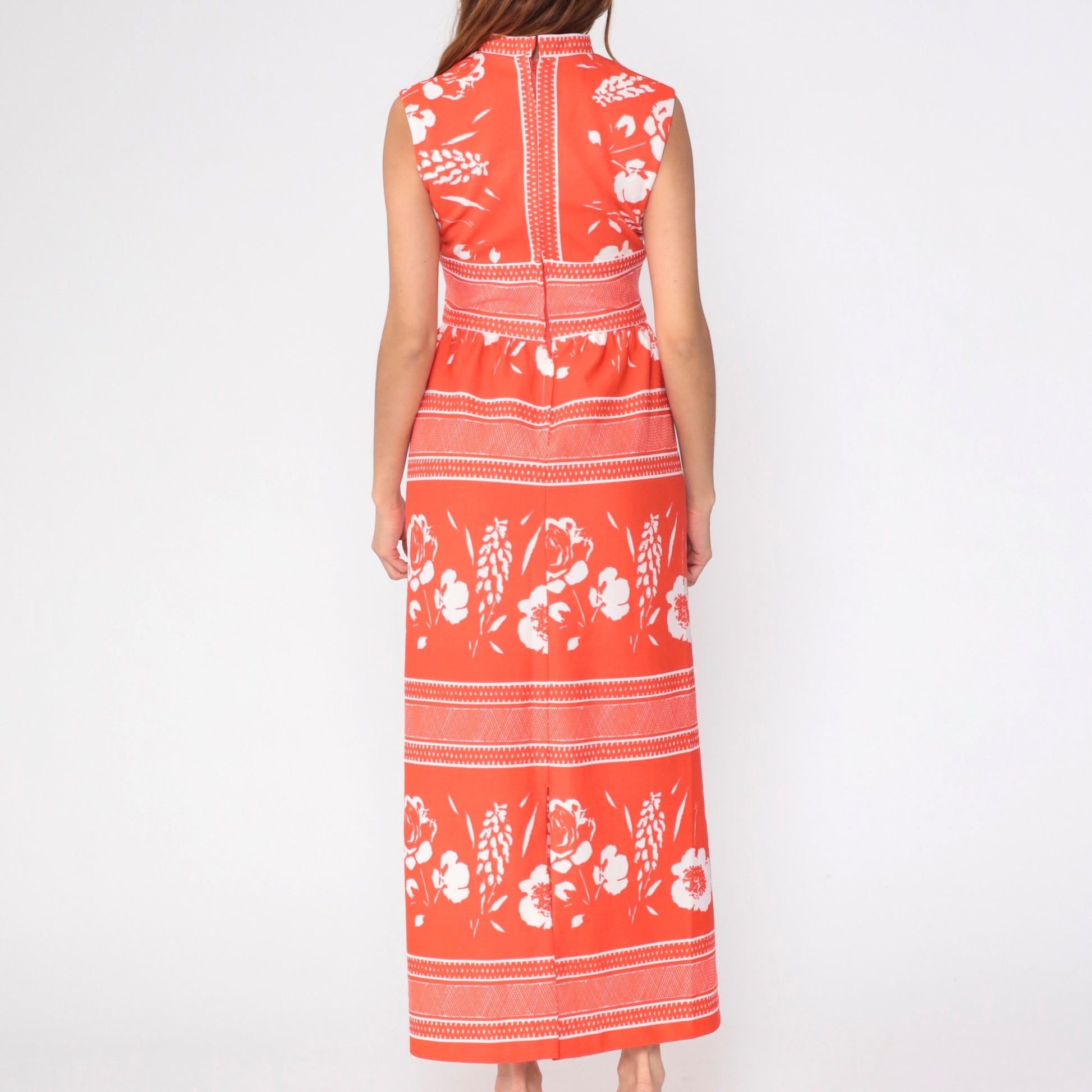 70s Orange Striped Floral Maxi Dress High Waist Mandarin Collar Small