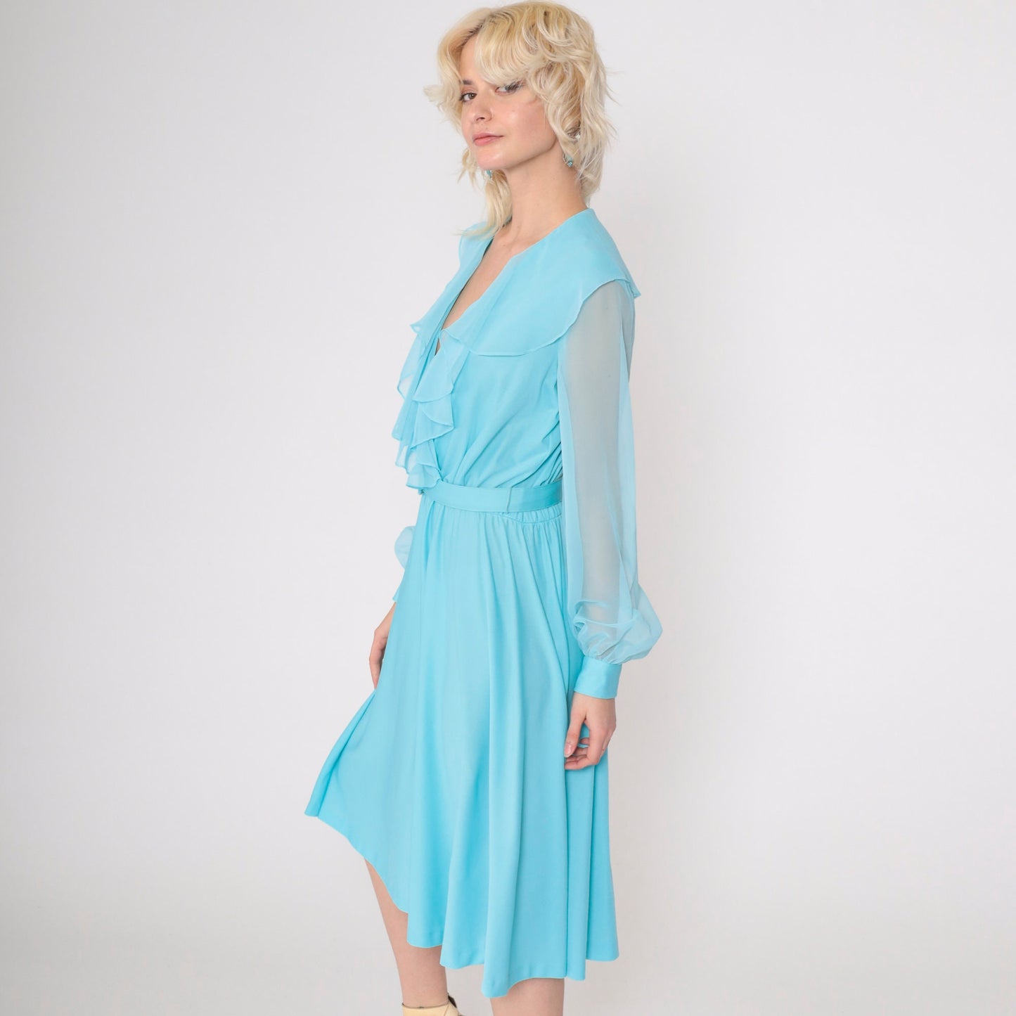 70s Blue Chiffon Midi Dress Ruffled V-Neck High Waist Sheer Sleeves Medium M