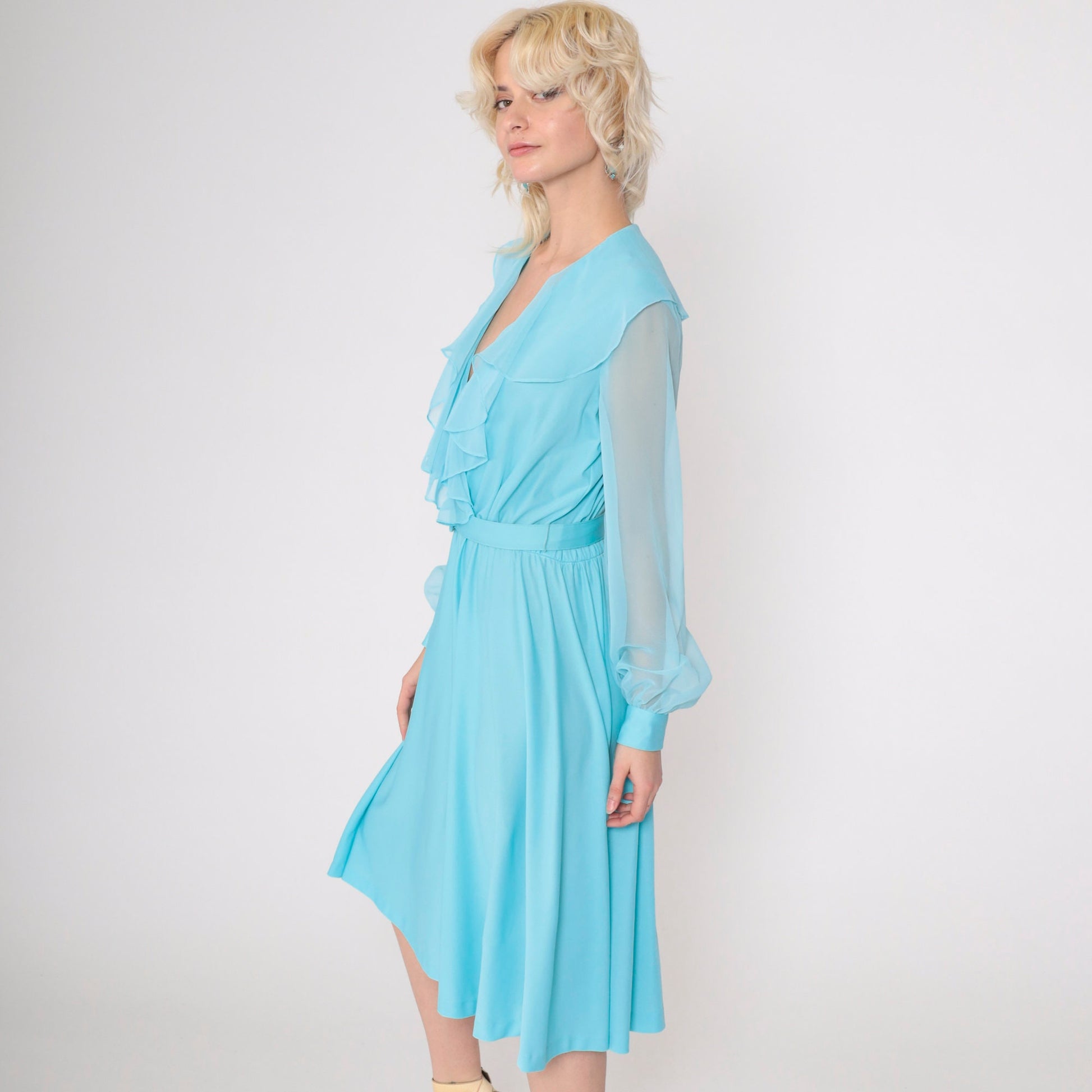 70s Blue Chiffon Midi Dress Ruffled V-Neck High Waist Sheer Sleeves Medium M