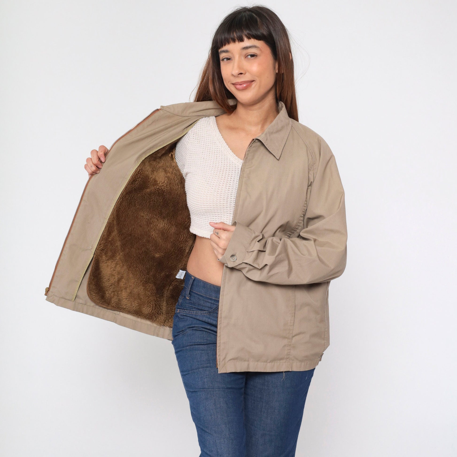 London Fog 80s Khaki Windbreaker Jacket Raglan Faux Fur Lining Large