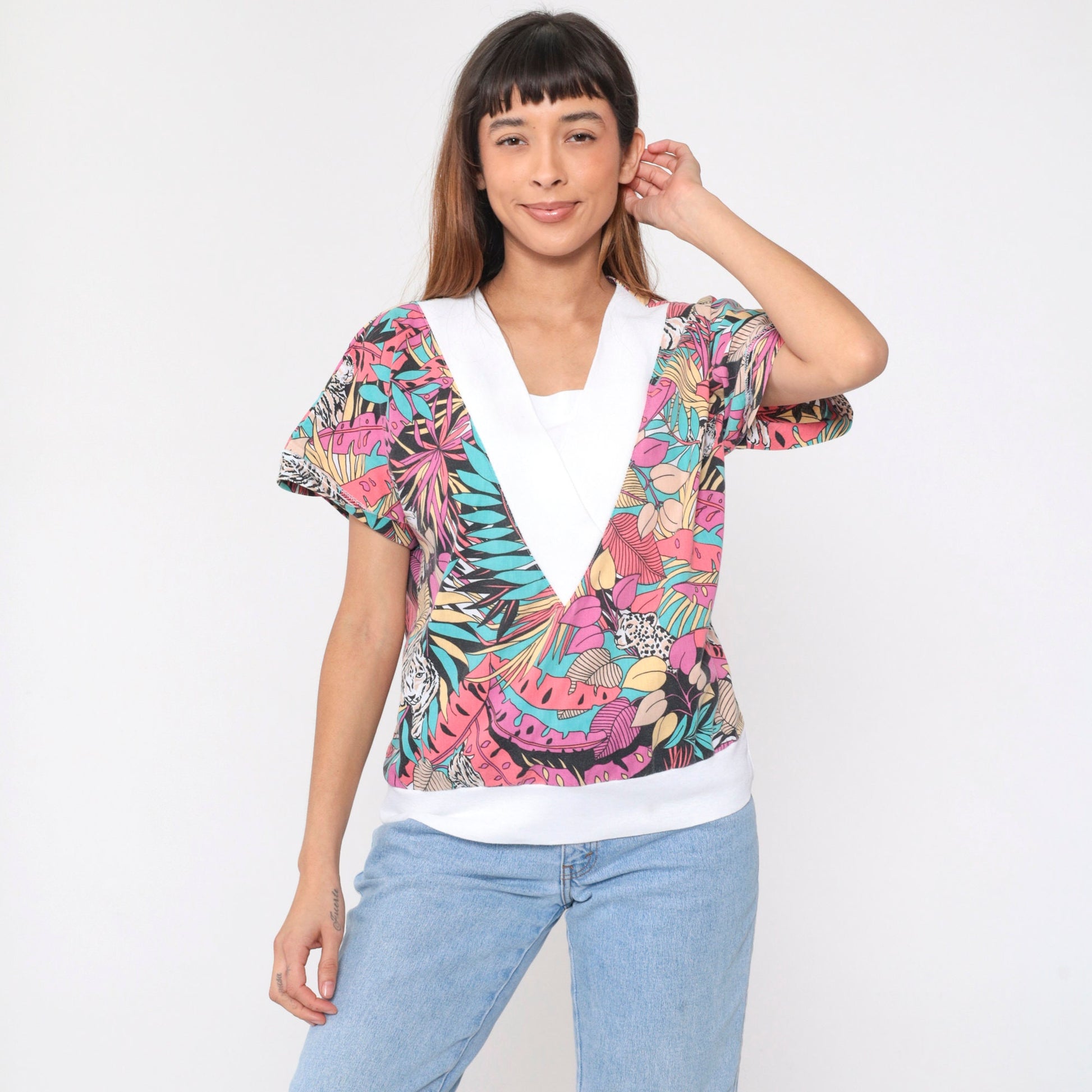 80s Jungle Animal Print V-Neck Shirt Tiger Leopard Safari Top Medium