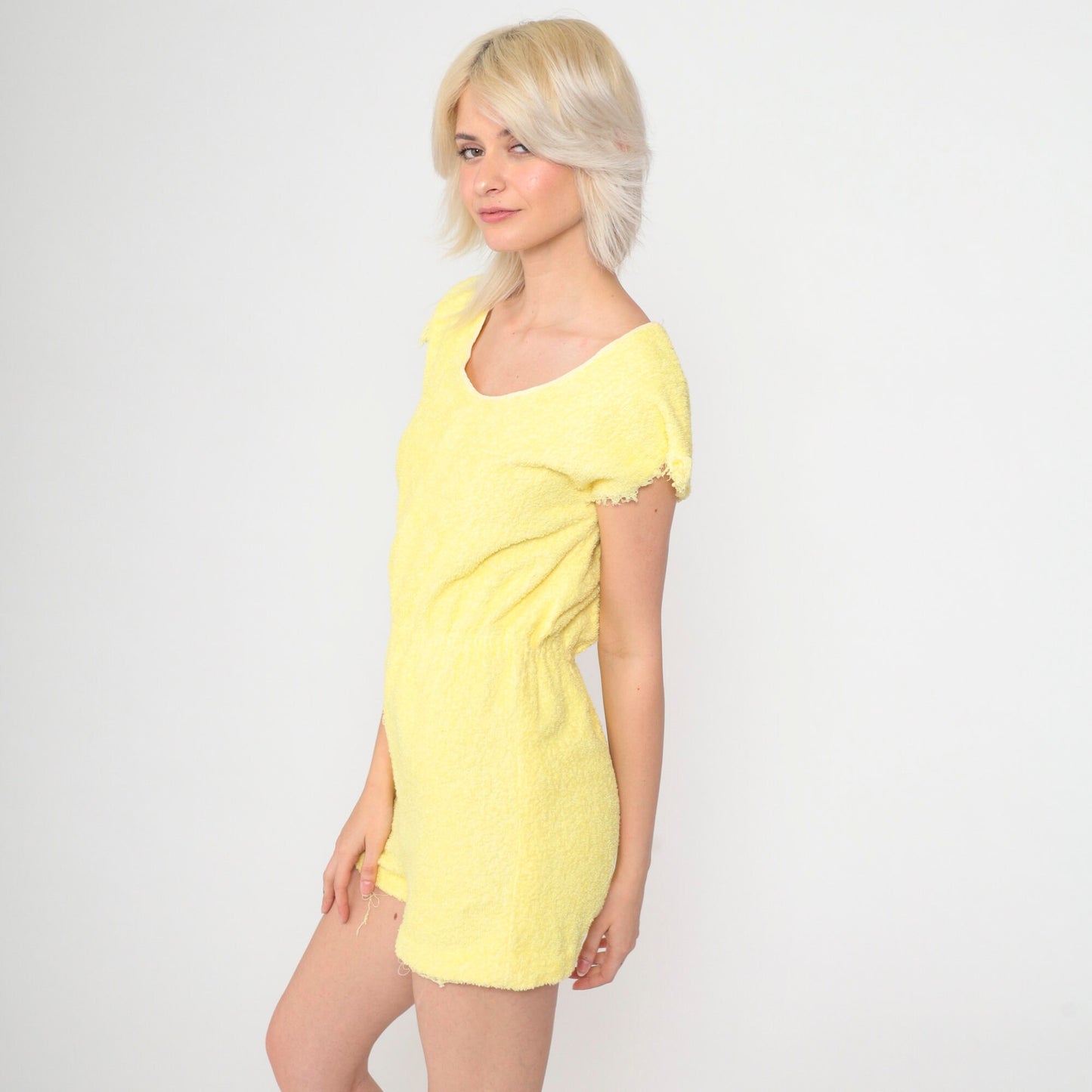 80s Yellow Terry Cloth Romper Playsuit Frayed Cap Sleeve Elastic Waist Extra Small