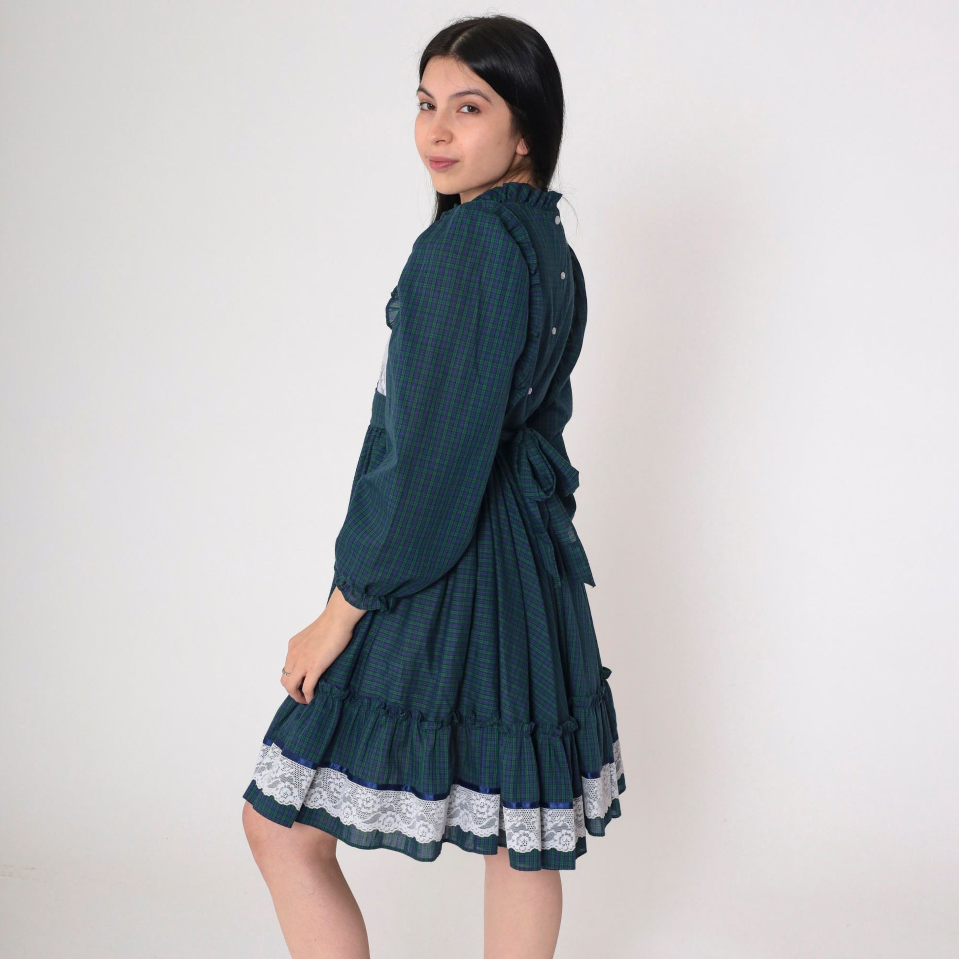 60s Plaid Mini Dress Puff Sleeve High Waisted Lace Trim Extra Small