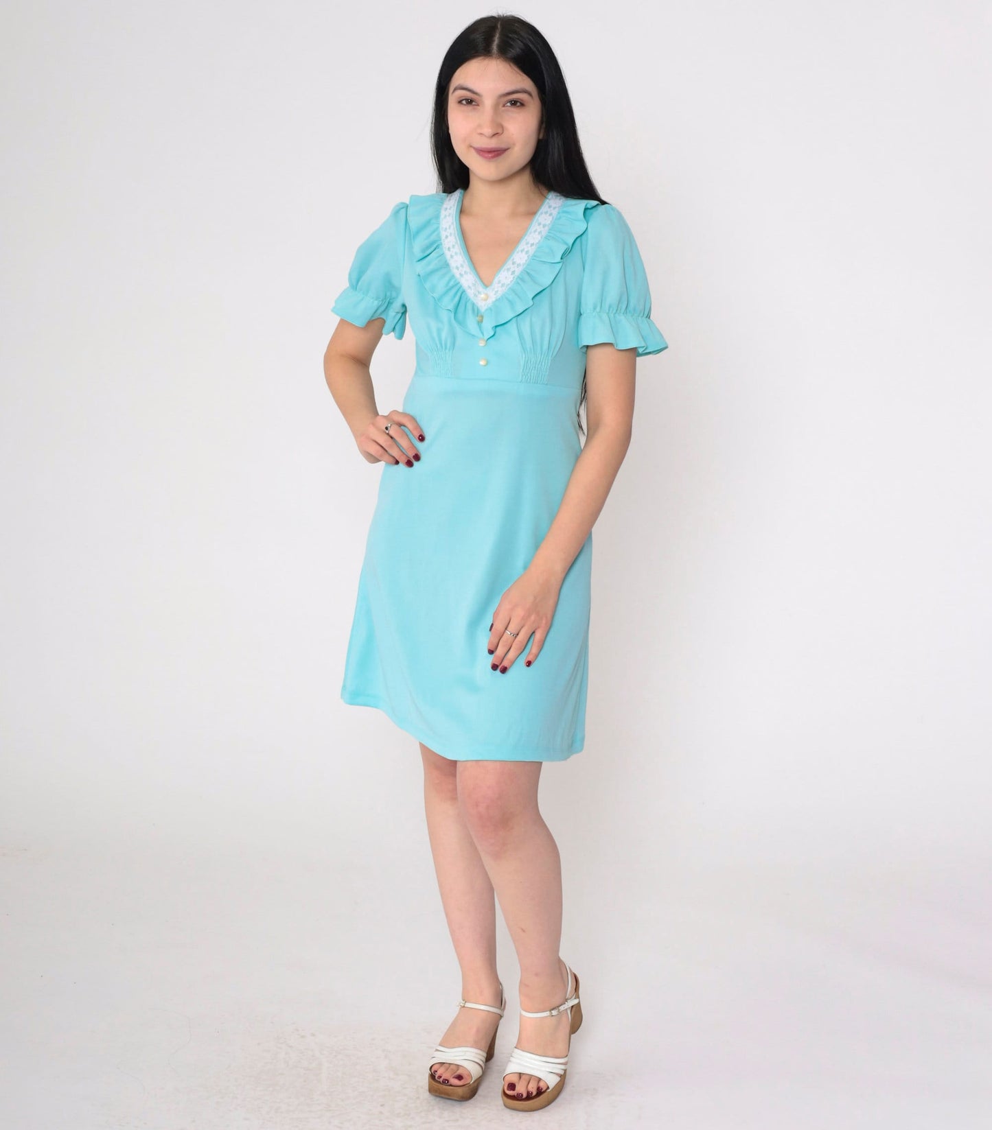 70s Blue Babydoll Mini Dress Empire Waist Puff Sleeve Lace Trim Small