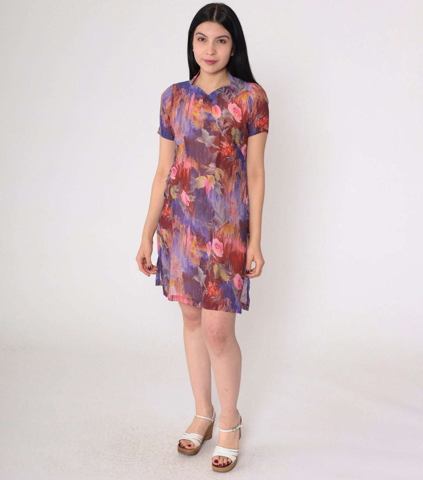 60s Floral Mini Dress Mod Psychedelic Print Purple Pink Cotton Short Sleeve XS