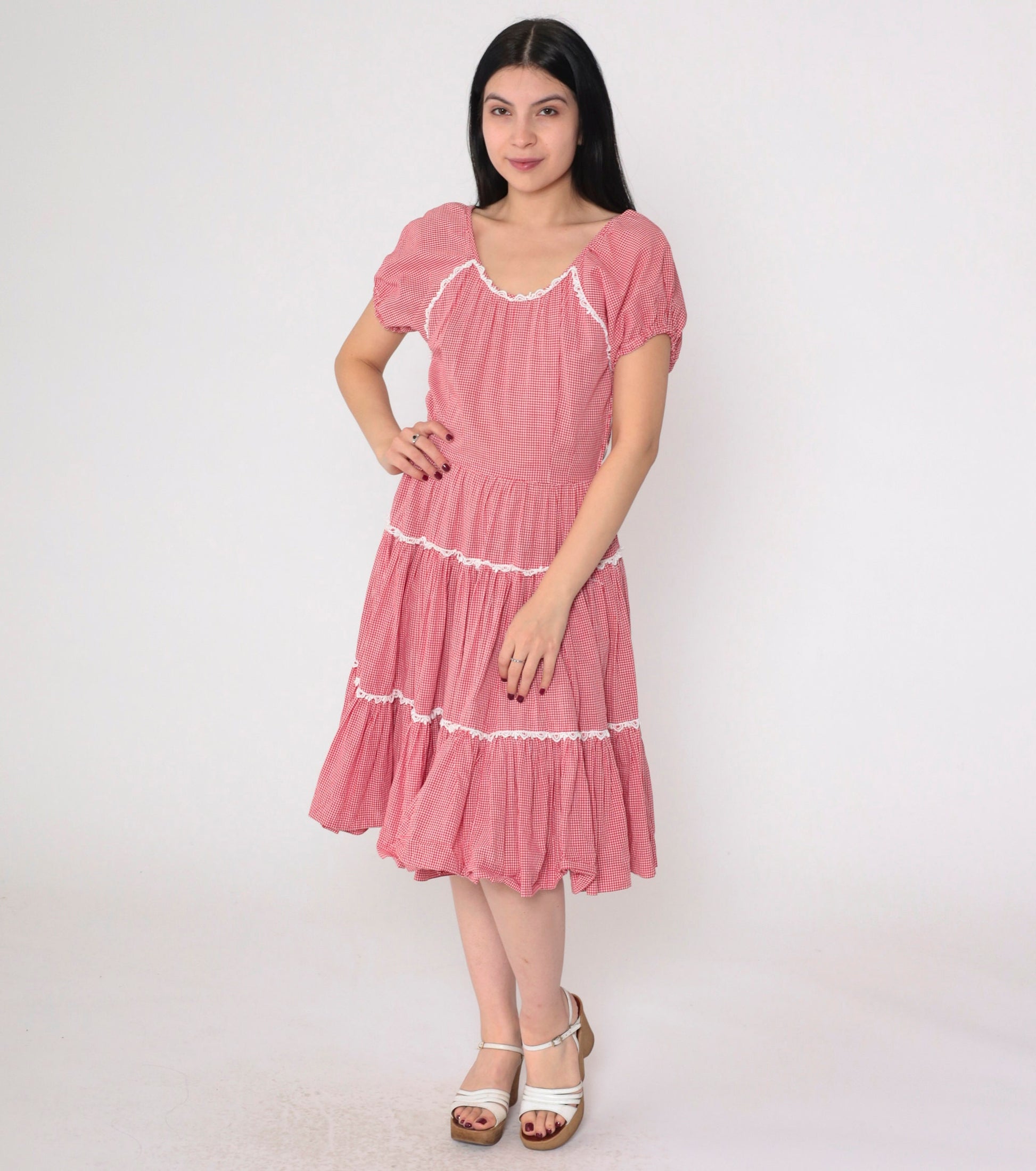 60s Red Gingham Prairie Dress Puff Sleeve Tiered Skirt High Waisted Small
