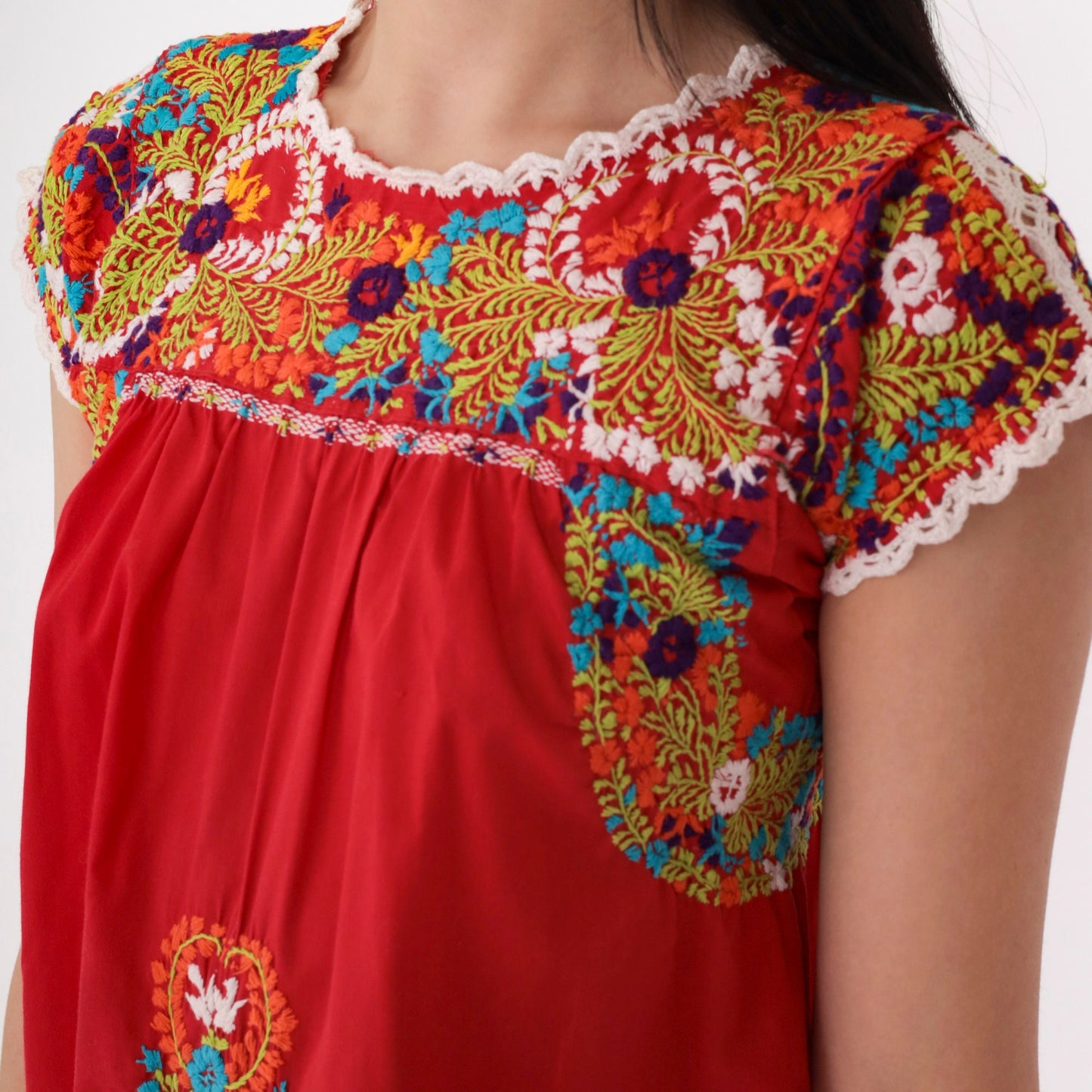 70s Oaxacan Embroidered Mini Dress Red Floral Cotton Cap Sleeve Small